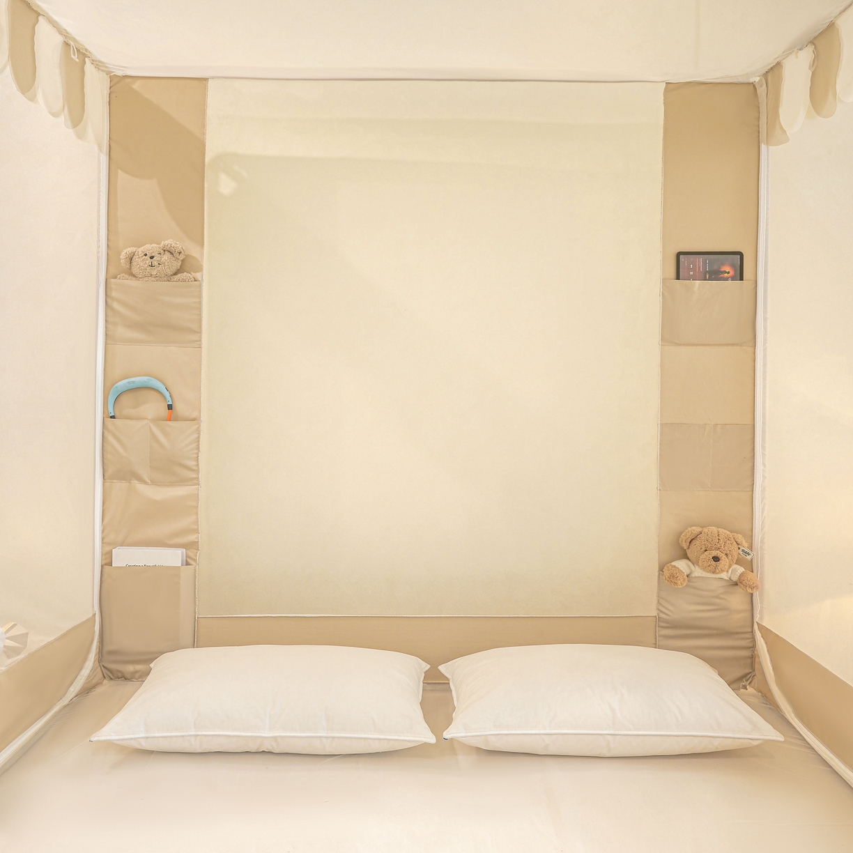 91家纺网 家纺一手货源 找家纺 富莱星蚊帐 2026新款双丝加厚网纱坐床蚊帐大力士围栏擎天柱支架-花样年华 花样年华-卡其