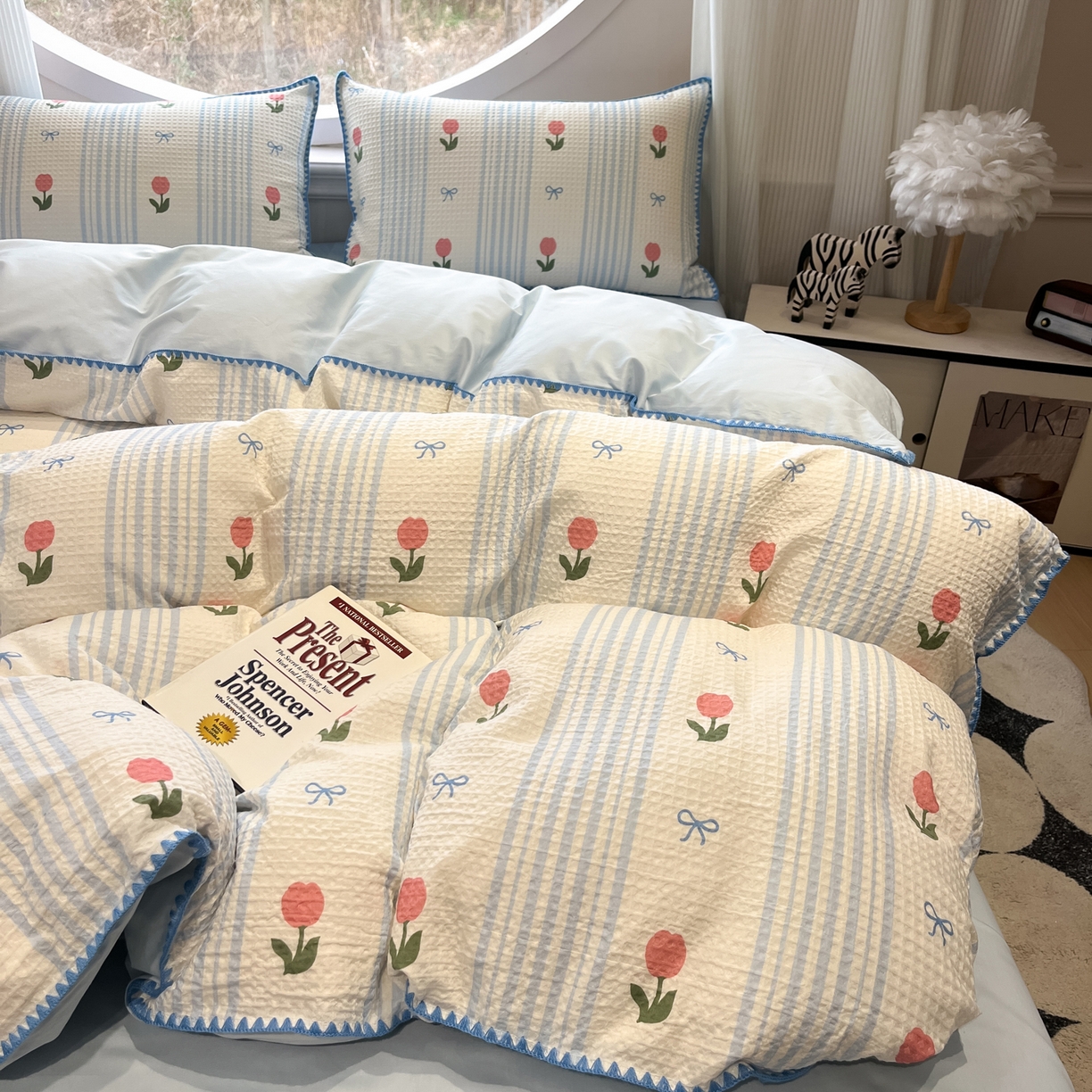 91家纺网 家纺一手货源 找家纺 （总）如一 2026春夏新款全棉纯棉华夫格印花三角针工艺四件套