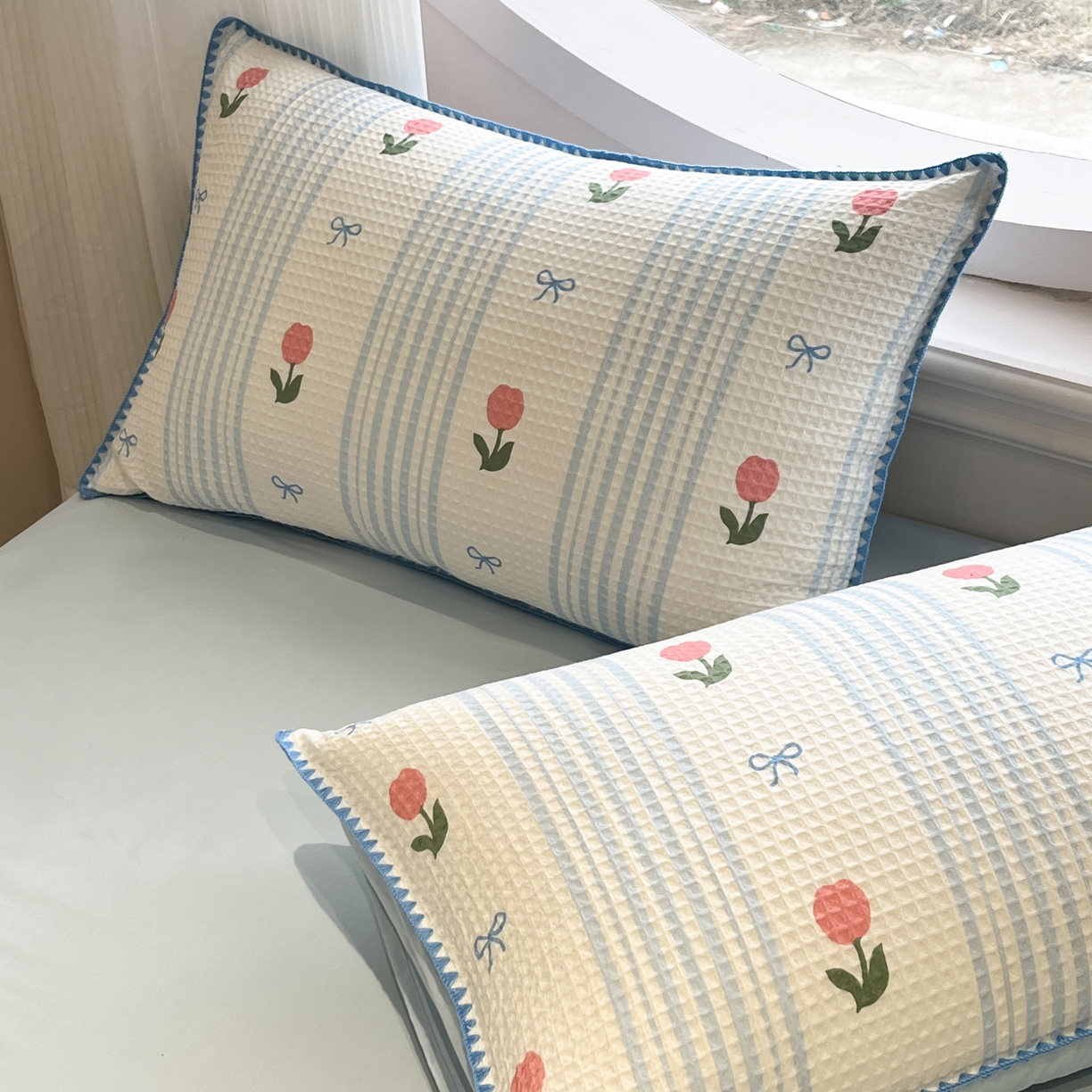 91家纺网 家纺一手货源 找家纺 （总）如一 2026春夏新款全棉纯棉华夫格印花三角针工艺四件套