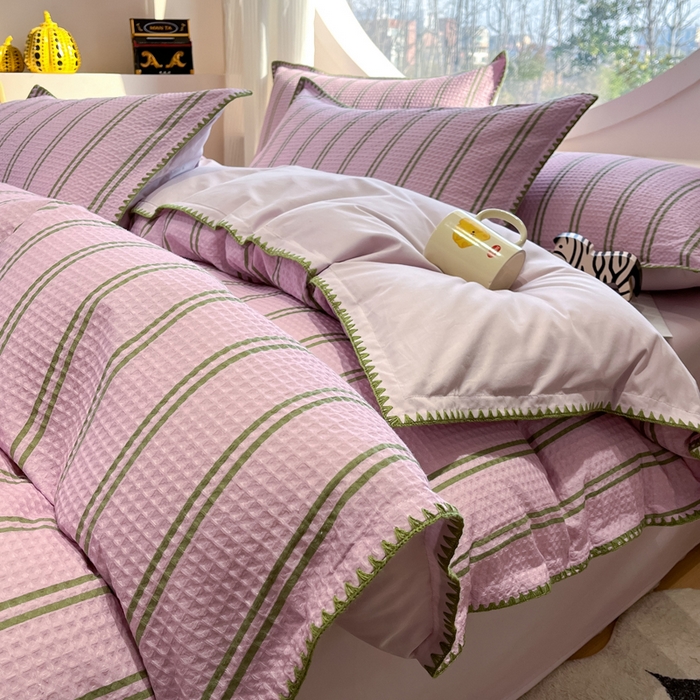 91家纺网 家纺一手货源 找家纺 （总）如一 2026春夏新款全棉纯棉华夫格印花三角针工艺四件套