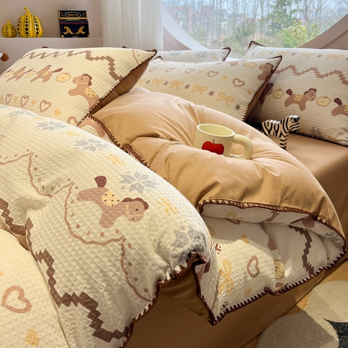 91家纺网 家纺一手货源 找家纺 （总）如一 2026春夏新款全棉纯棉华夫格印花三角针工艺四件套