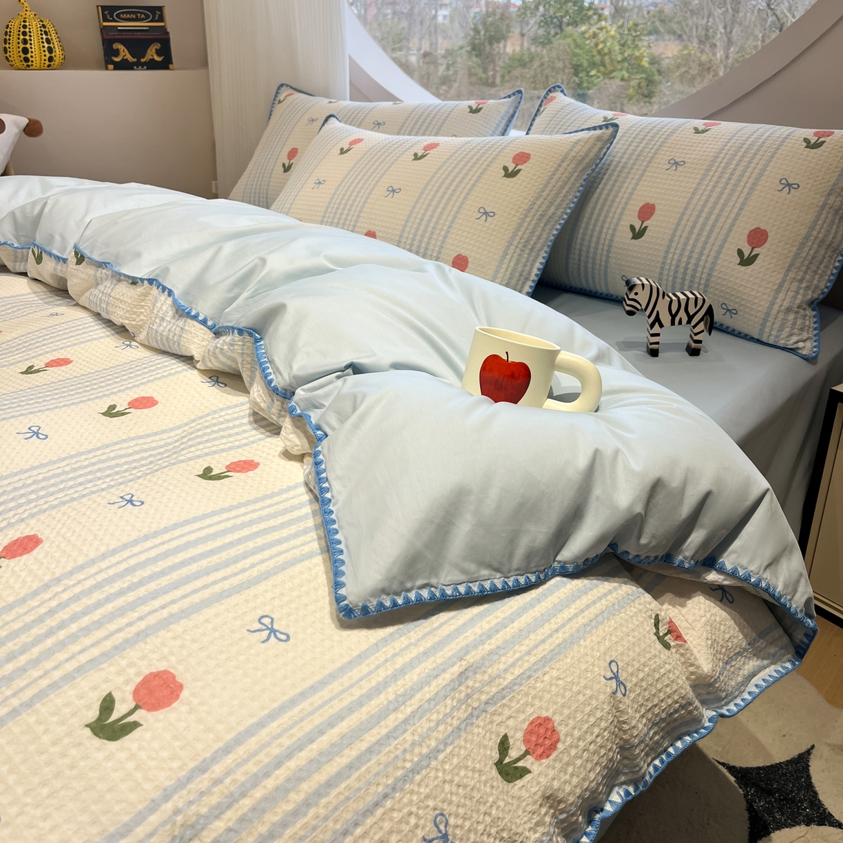 91家纺网 家纺一手货源 找家纺 如一 2026春夏新款全棉纯棉华夫格印花三角针工艺四件套 夏朵-蓝