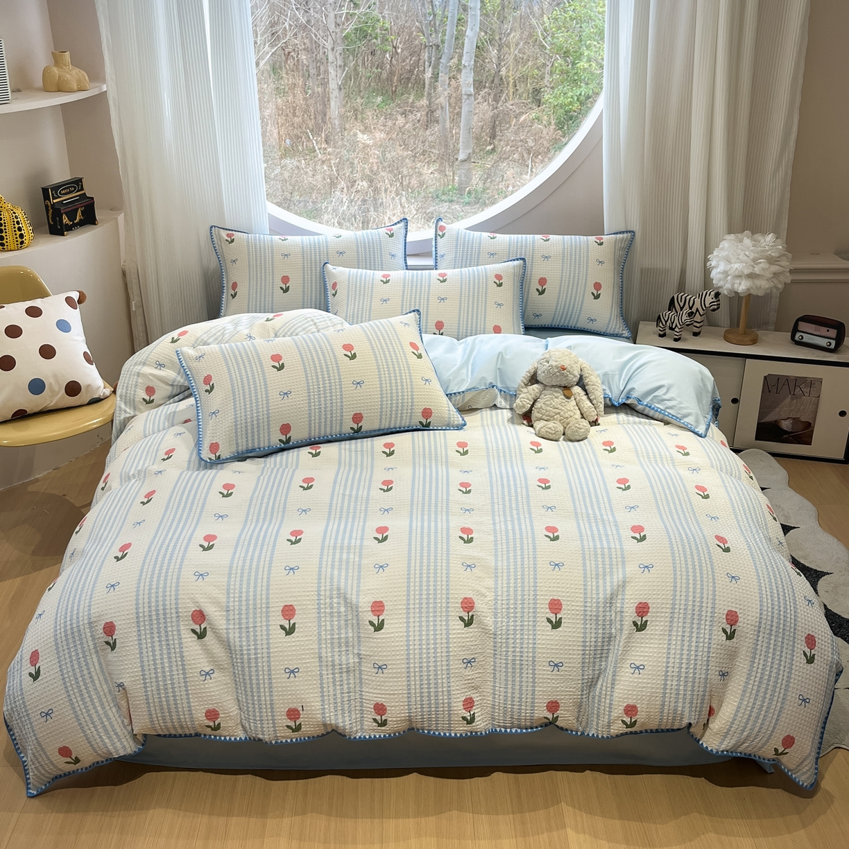 91家纺网 家纺一手货源 找家纺 如一 2026春夏新款全棉纯棉华夫格印花三角针工艺四件套 夏朵-蓝