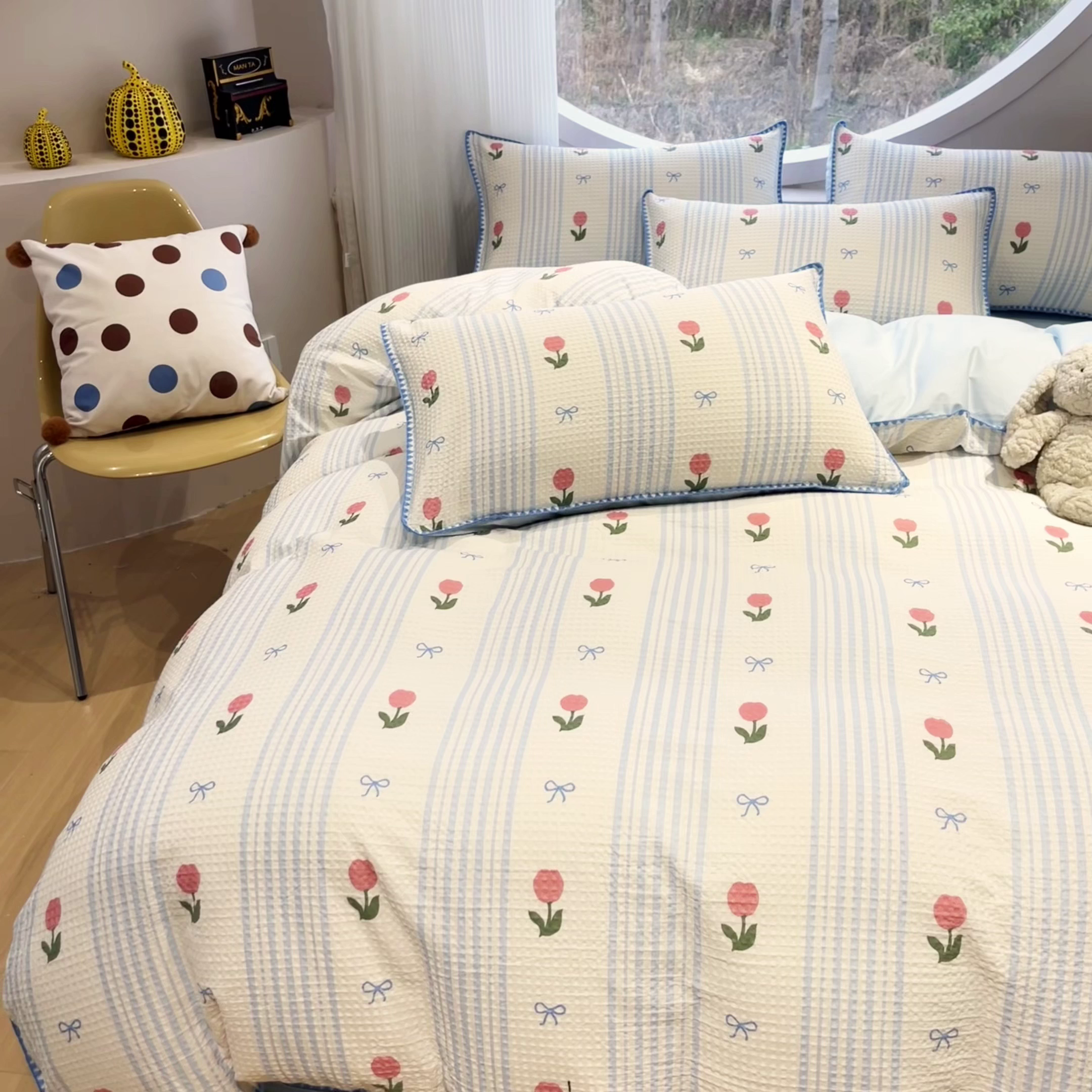 91家纺网 家纺一手货源 找家纺 如一 2026春夏新款全棉纯棉华夫格印花三角针工艺四件套 夏朵-蓝