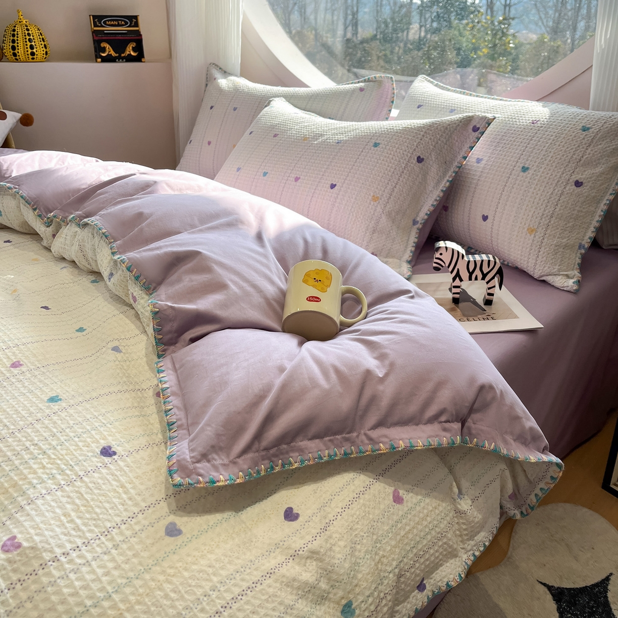 91家纺网 家纺一手货源 找家纺 如一 2026春夏新款全棉纯棉华夫格印花三角针工艺四件套 彩心-紫