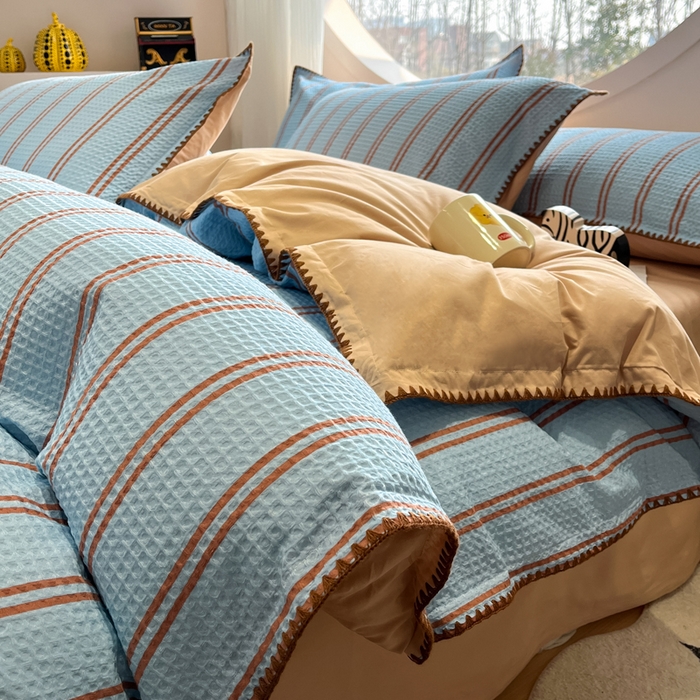 如一 2026春夏新款全棉纯棉华夫格印花三角针工艺四件套 风月-蓝