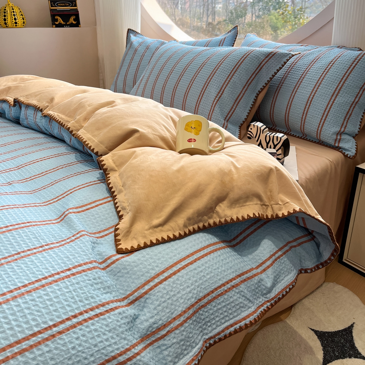 91家纺网 家纺一手货源 找家纺 如一 2026春夏新款全棉纯棉华夫格印花三角针工艺四件套 风月-蓝