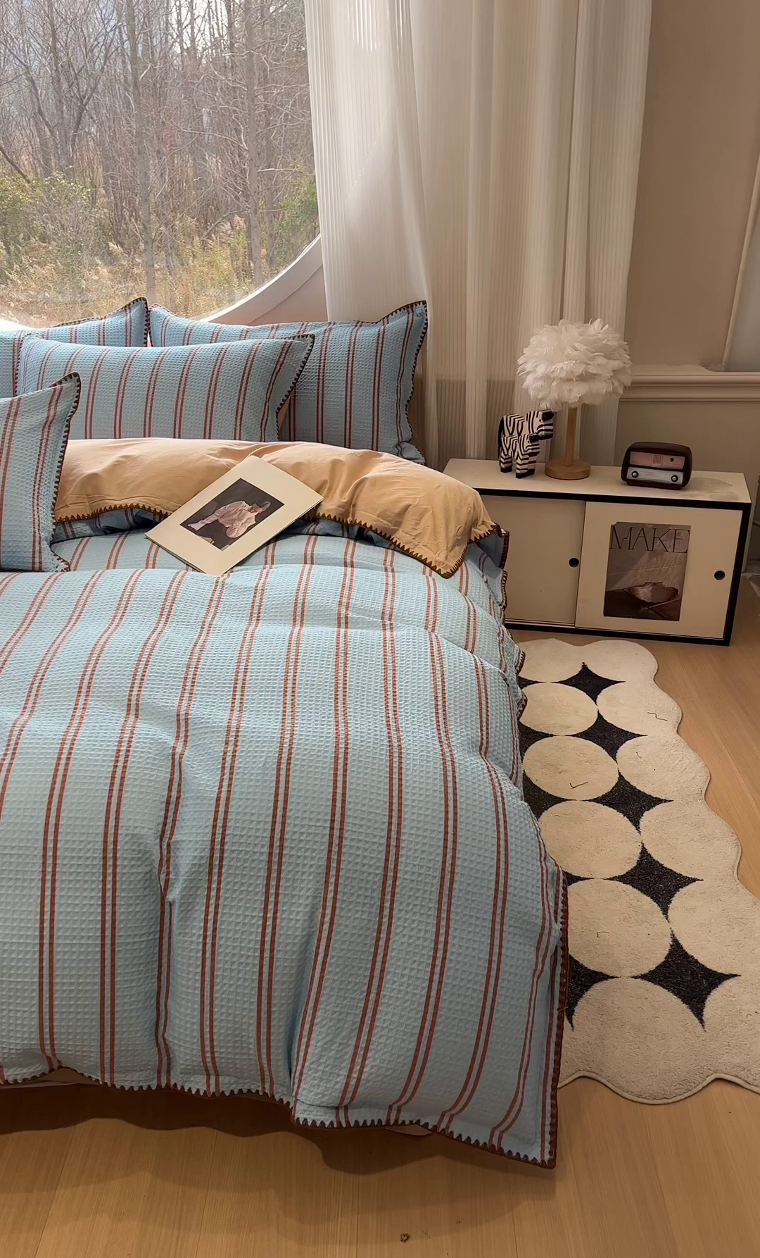 91家纺网 家纺一手货源 找家纺 如一 2026春夏新款全棉纯棉华夫格印花三角针工艺四件套 风月-蓝