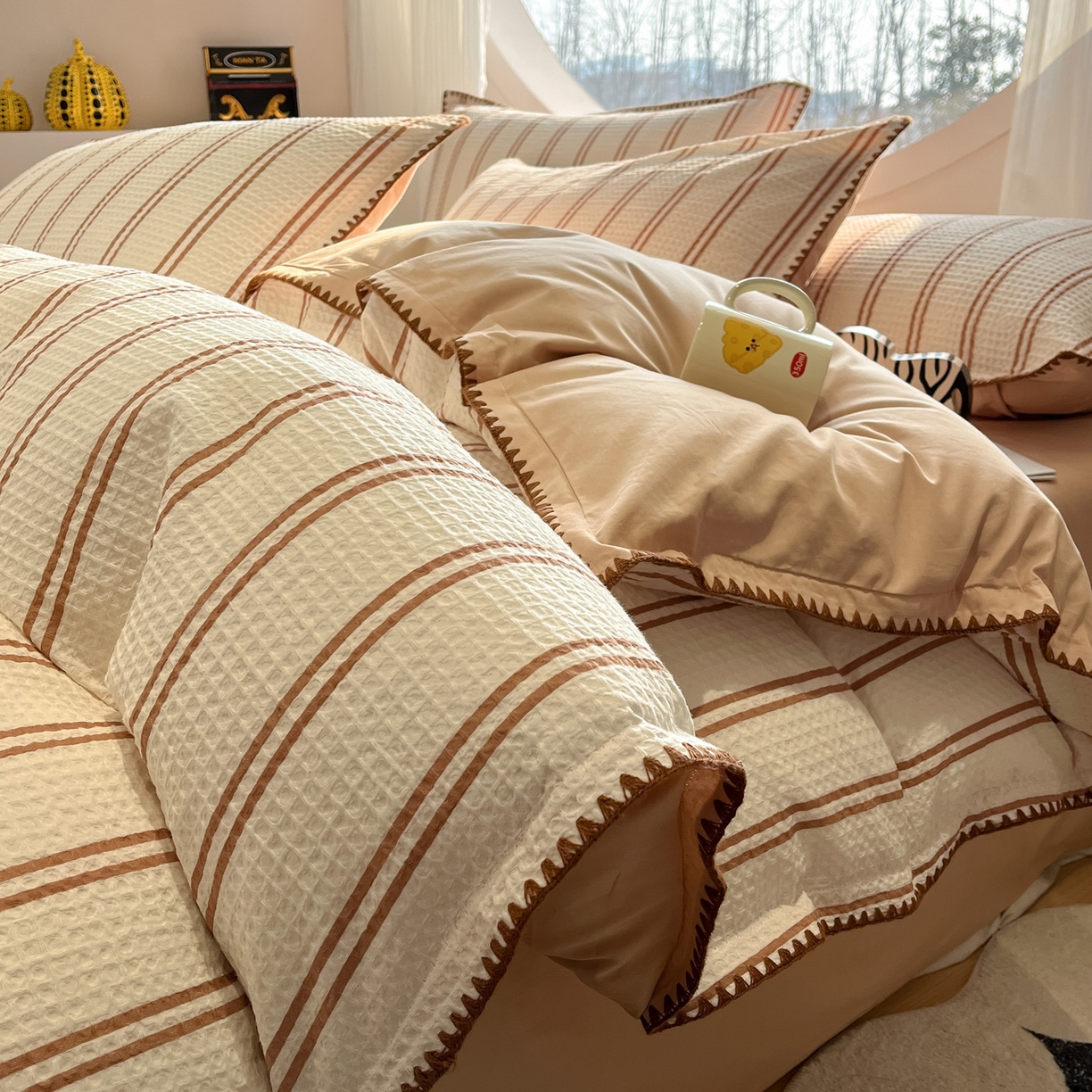 91家纺网 家纺一手货源 找家纺 如一 2026春夏新款全棉纯棉华夫格印花三角针工艺四件套 风月-米