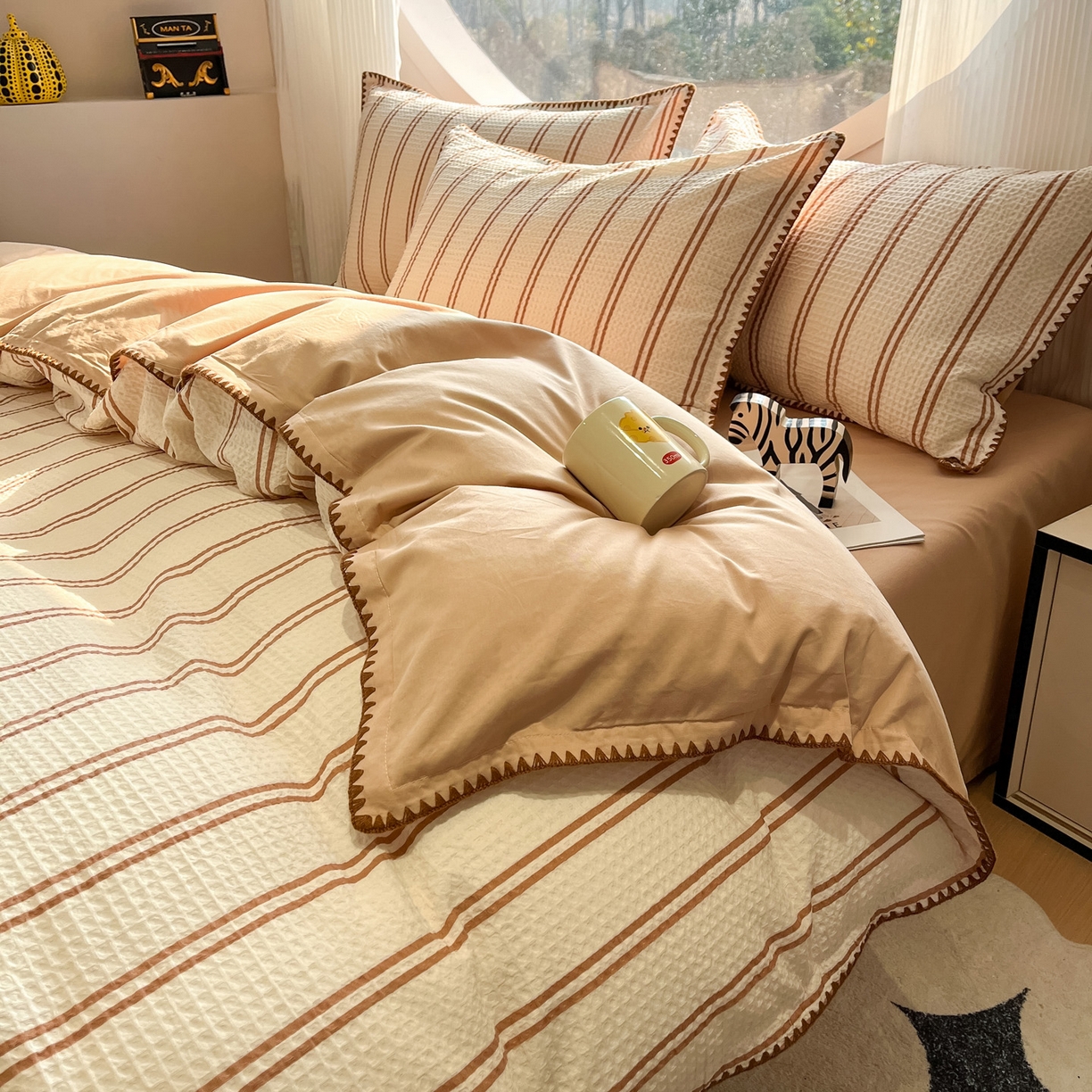 91家纺网 家纺一手货源 找家纺 如一 2026春夏新款全棉纯棉华夫格印花三角针工艺四件套 风月-米