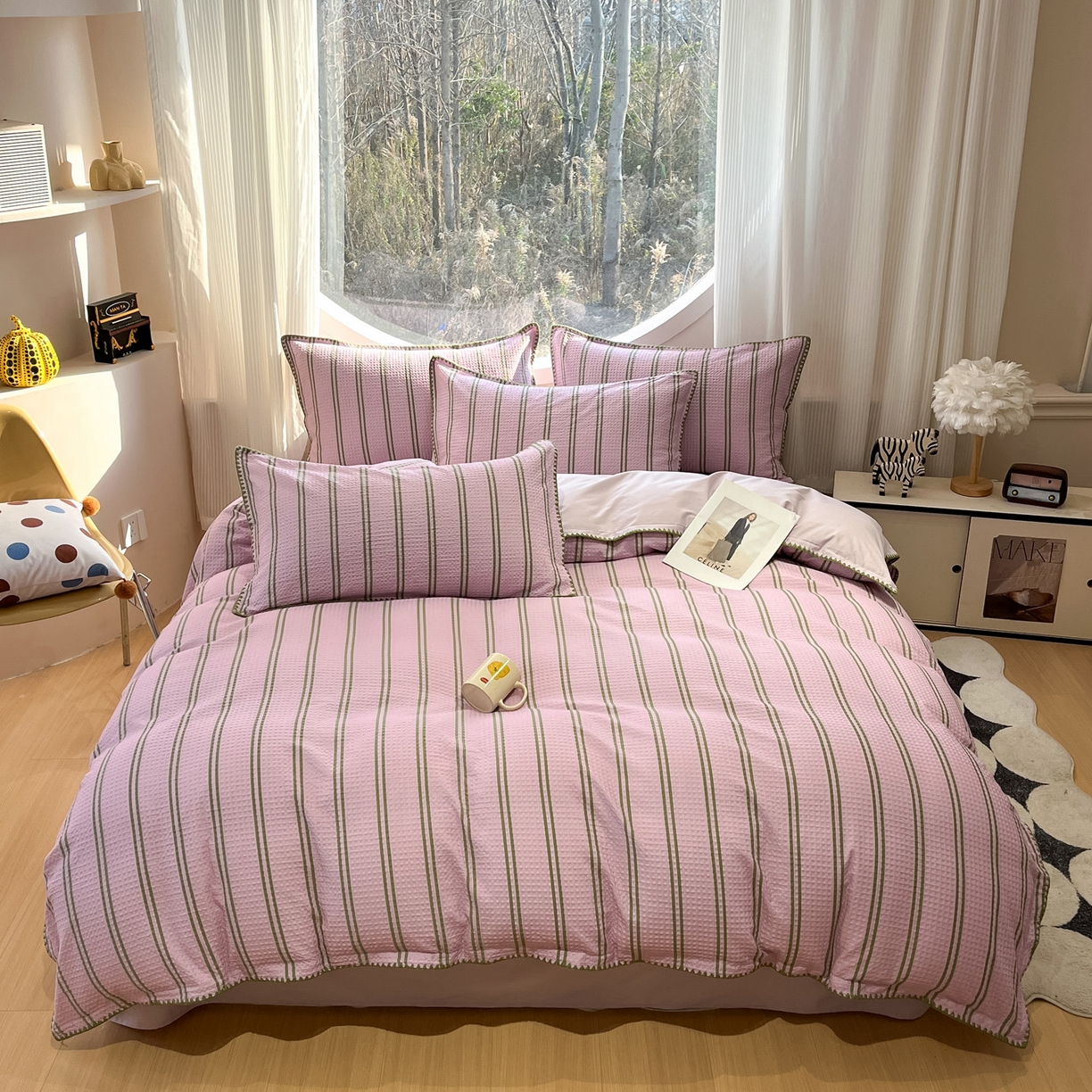 91家纺网 家纺一手货源 找家纺 如一 2026春夏新款全棉纯棉华夫格印花三角针工艺四件套 风月-紫