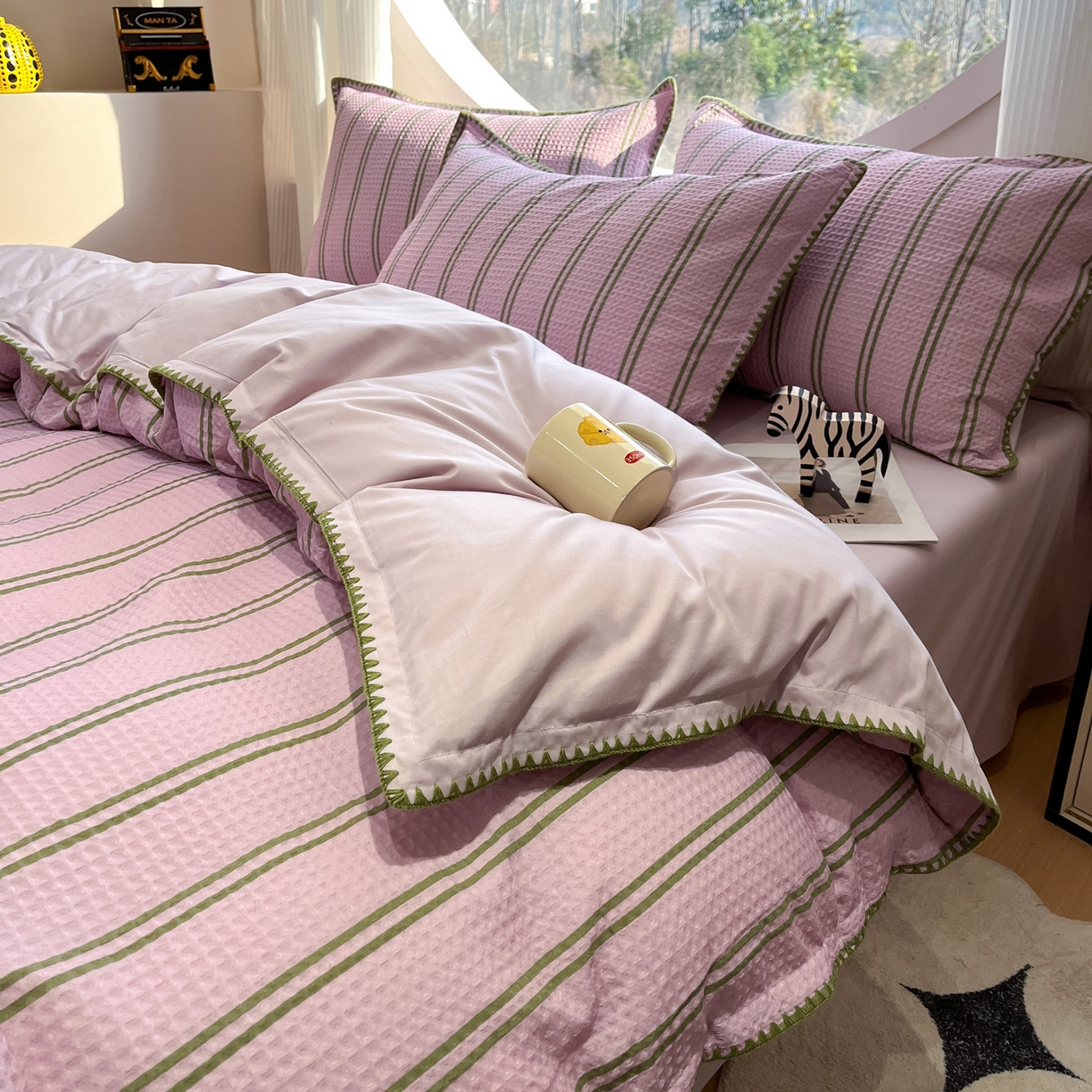 91家纺网 家纺一手货源 找家纺 如一 2026春夏新款全棉纯棉华夫格印花三角针工艺四件套 风月-紫