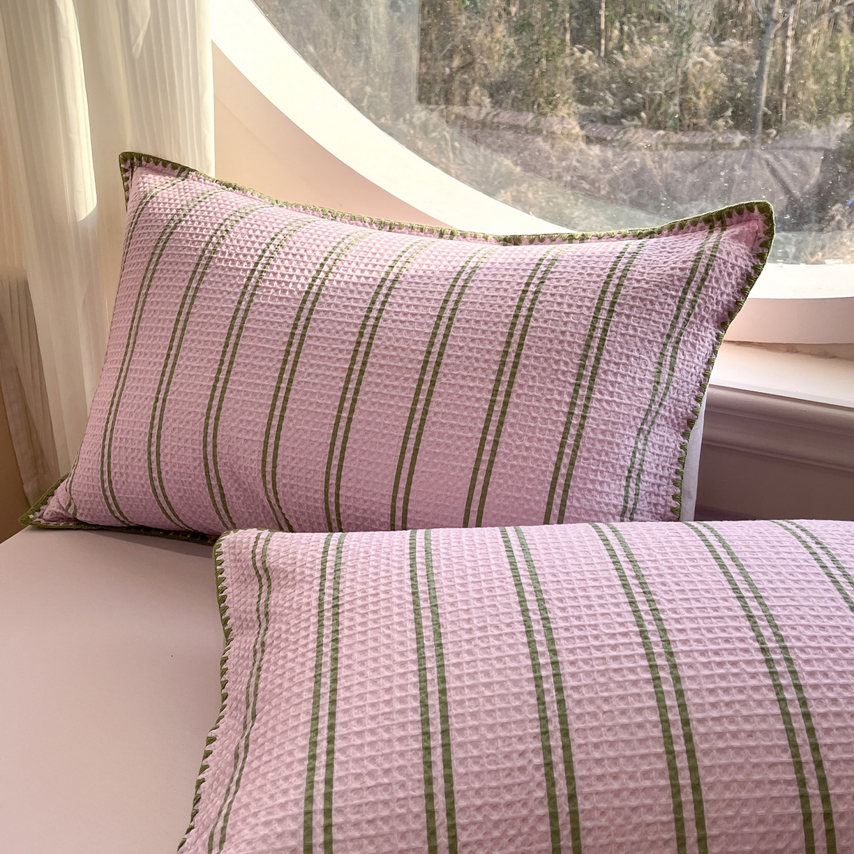 91家纺网 家纺一手货源 找家纺 如一 2026春夏新款全棉纯棉华夫格印花三角针工艺四件套 风月-紫