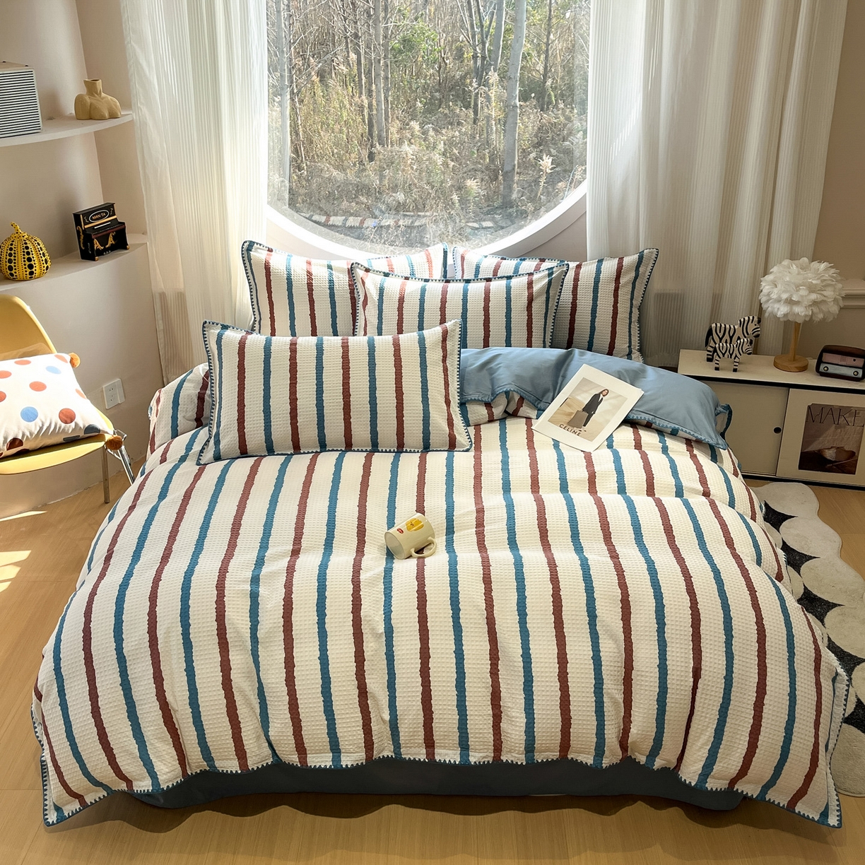 91家纺网 家纺一手货源 找家纺 如一 2026春夏新款全棉纯棉华夫格印花三角针工艺四件套 海盐-蓝