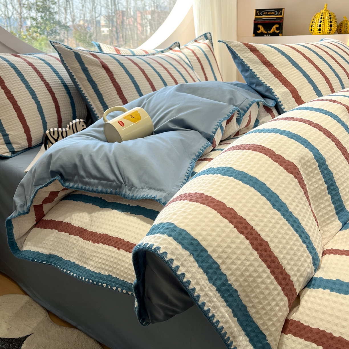 91家纺网 家纺一手货源 找家纺 如一 2026春夏新款全棉纯棉华夫格印花三角针工艺四件套 海盐-蓝