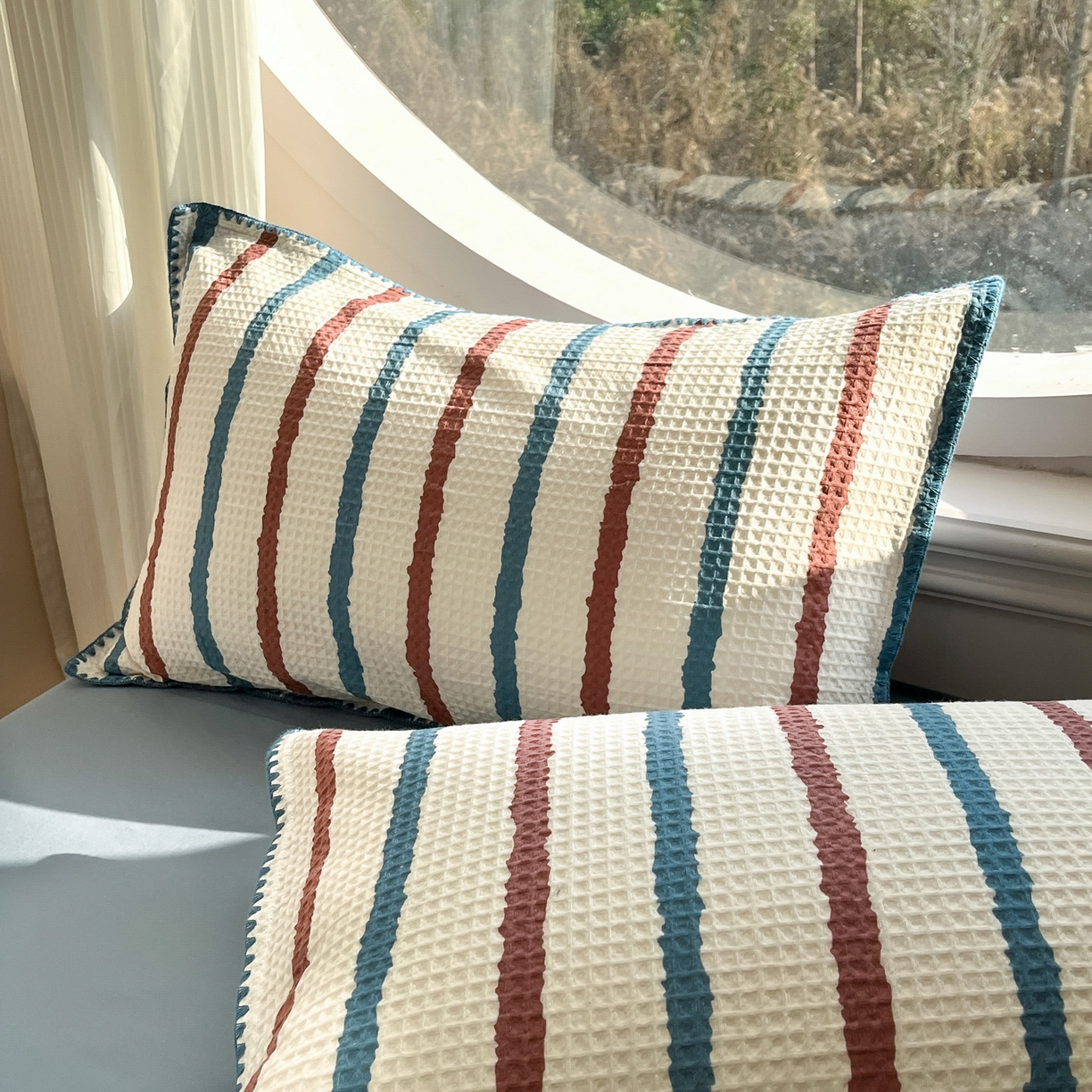 91家纺网 家纺一手货源 找家纺 如一 2026春夏新款全棉纯棉华夫格印花三角针工艺四件套 海盐-蓝