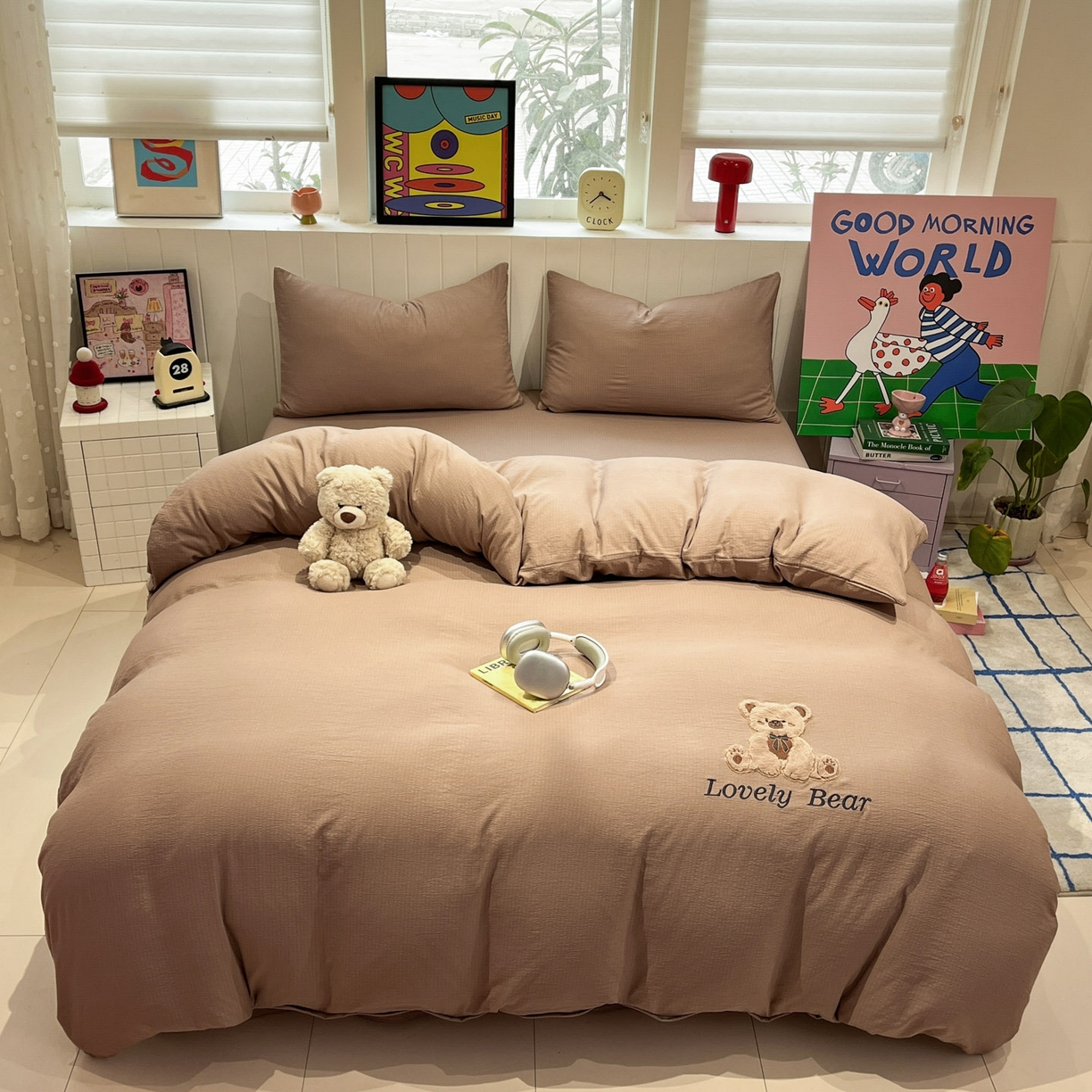 91家纺网 家纺一手货源 找家纺 （总）爱思凯家纺 2026新款皱皱纱卡通贴布绣-咖崽熊四件套