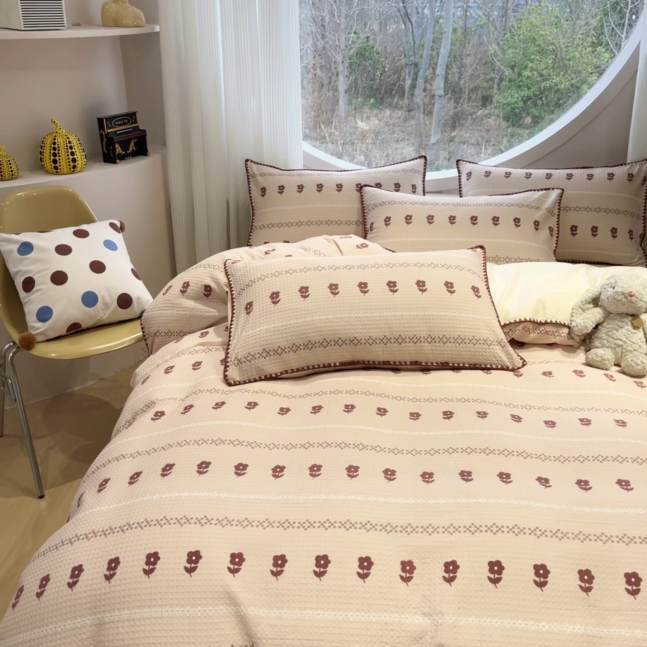 91家纺网 家纺一手货源 找家纺 如一 2026春夏新款全棉纯棉华夫格印花三角针工艺四件套 花花-米