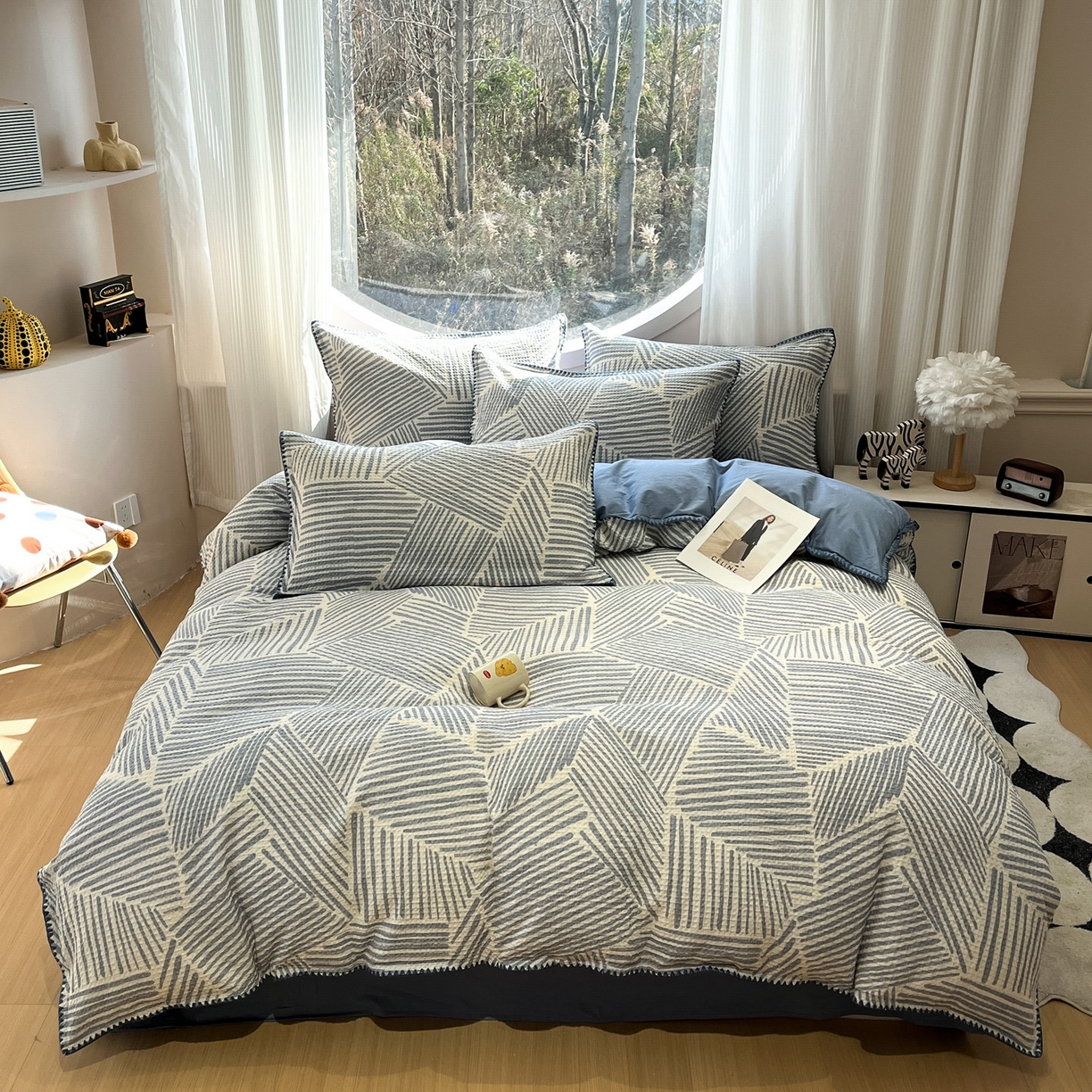 91家纺网 家纺一手货源 找家纺 如一 2026春夏新款全棉纯棉华夫格印花三角针工艺四件套 流光-蓝