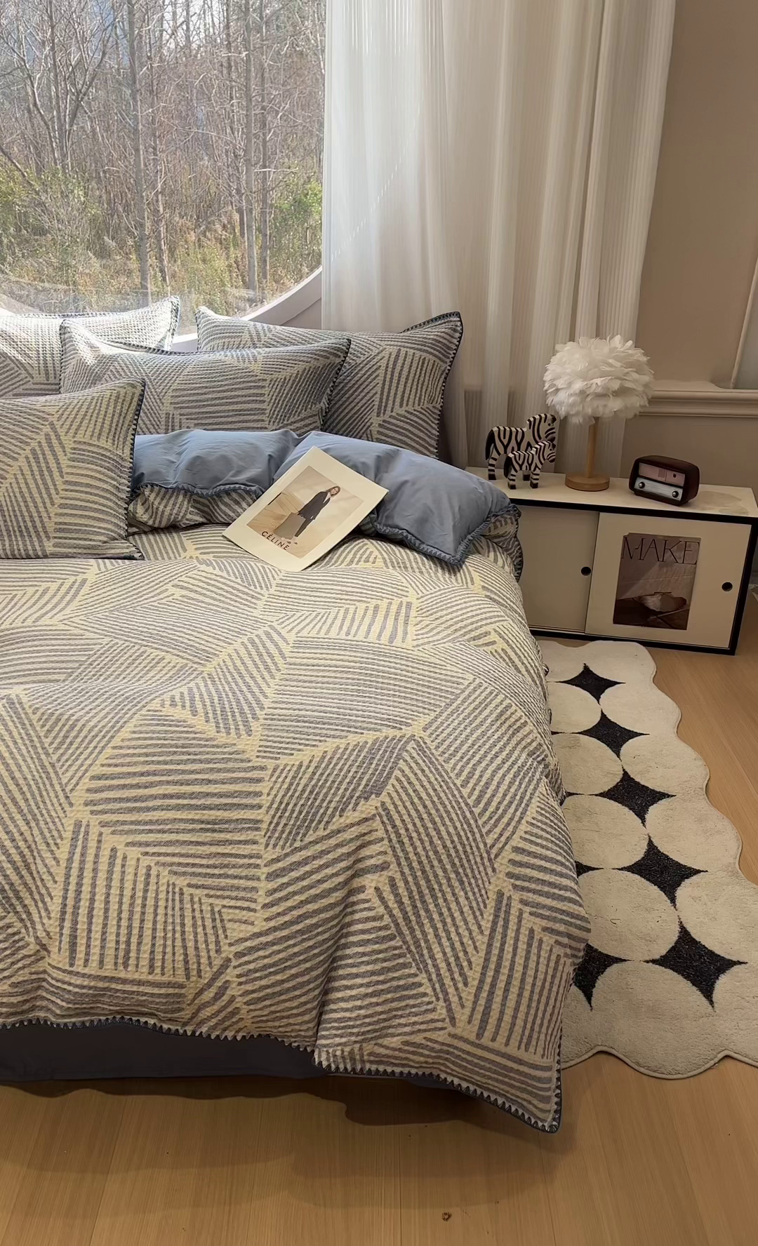 91家纺网 家纺一手货源 找家纺 如一 2026春夏新款全棉纯棉华夫格印花三角针工艺四件套 流光-蓝