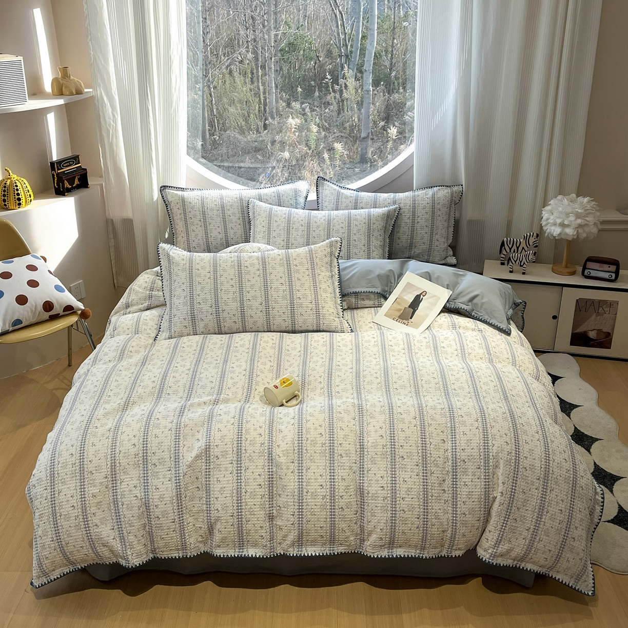 91家纺网 家纺一手货源 找家纺 如一 2026春夏新款全棉纯棉华夫格印花三角针工艺四件套 泡芙-灰