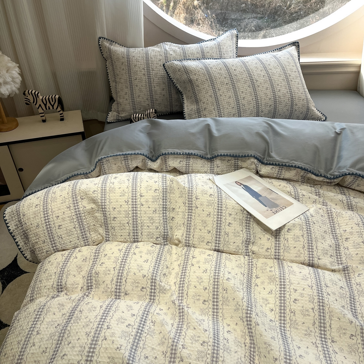 91家纺网 家纺一手货源 找家纺 如一 2026春夏新款全棉纯棉华夫格印花三角针工艺四件套 泡芙-灰