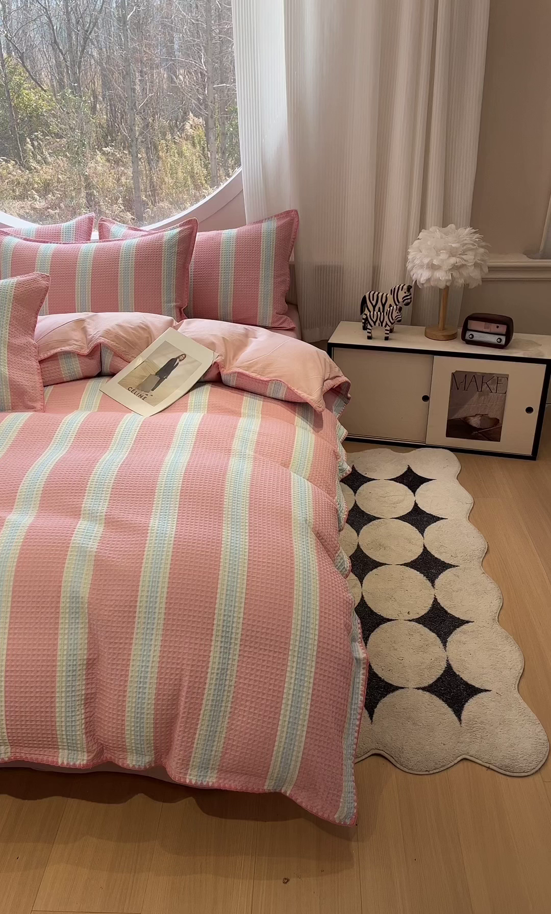 91家纺网 家纺一手货源 找家纺 如一 2026春夏新款全棉纯棉华夫格印花三角针工艺四件套 柔然-粉