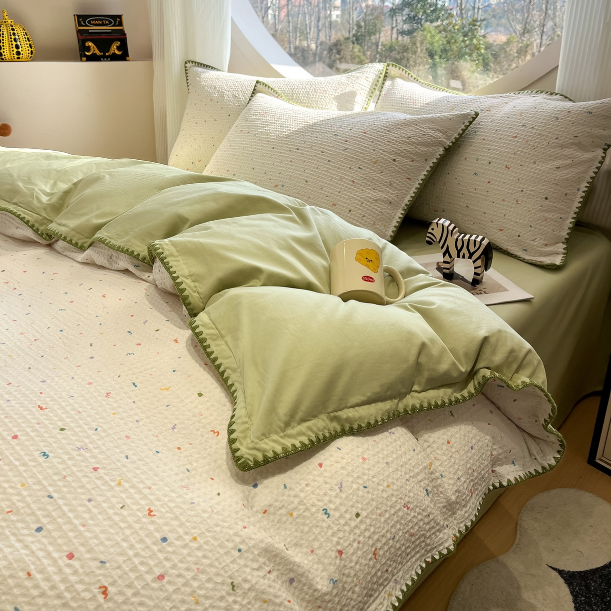 91家纺网 家纺一手货源 找家纺 如一 2026春夏新款全棉纯棉华夫格印花三角针工艺四件套 盛夏-绿