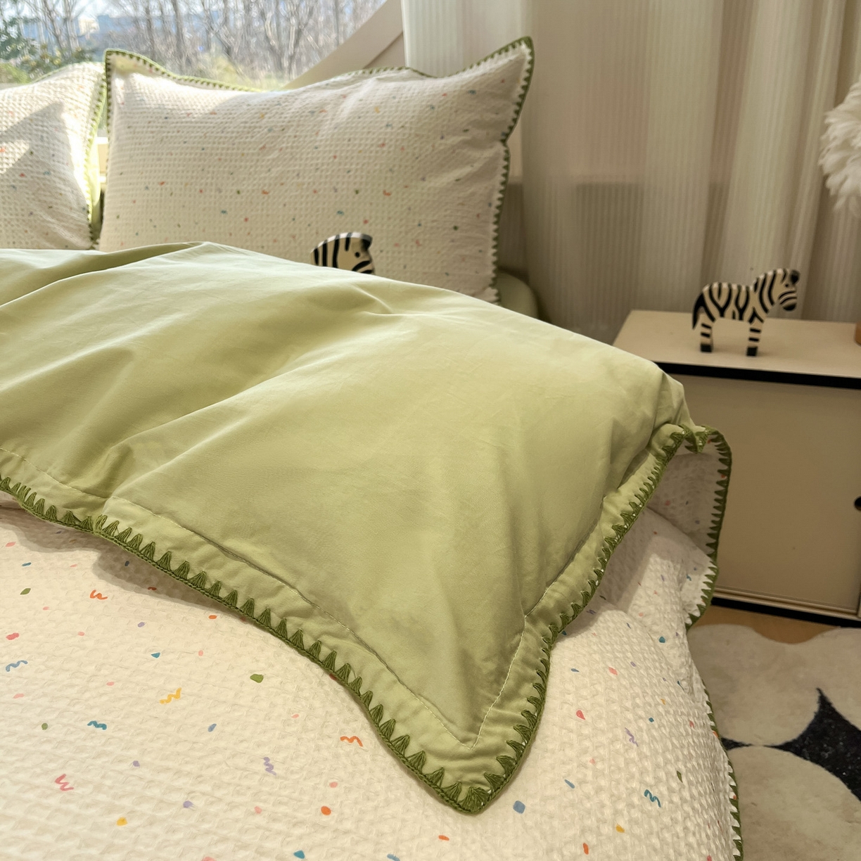 91家纺网 家纺一手货源 找家纺 如一 2026春夏新款全棉纯棉华夫格印花三角针工艺四件套 盛夏-绿