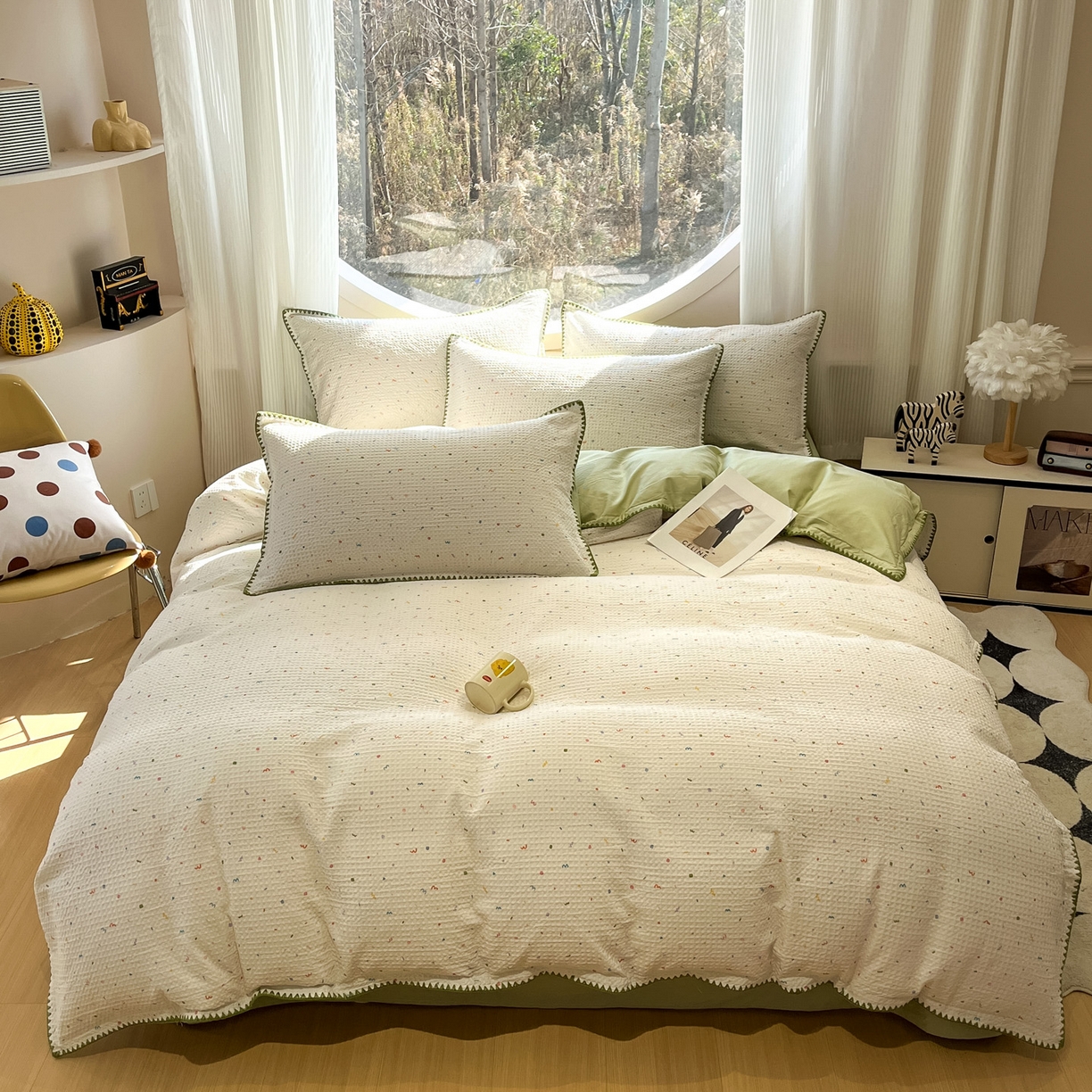 91家纺网 家纺一手货源 找家纺 如一 2026春夏新款全棉纯棉华夫格印花三角针工艺四件套 盛夏-绿