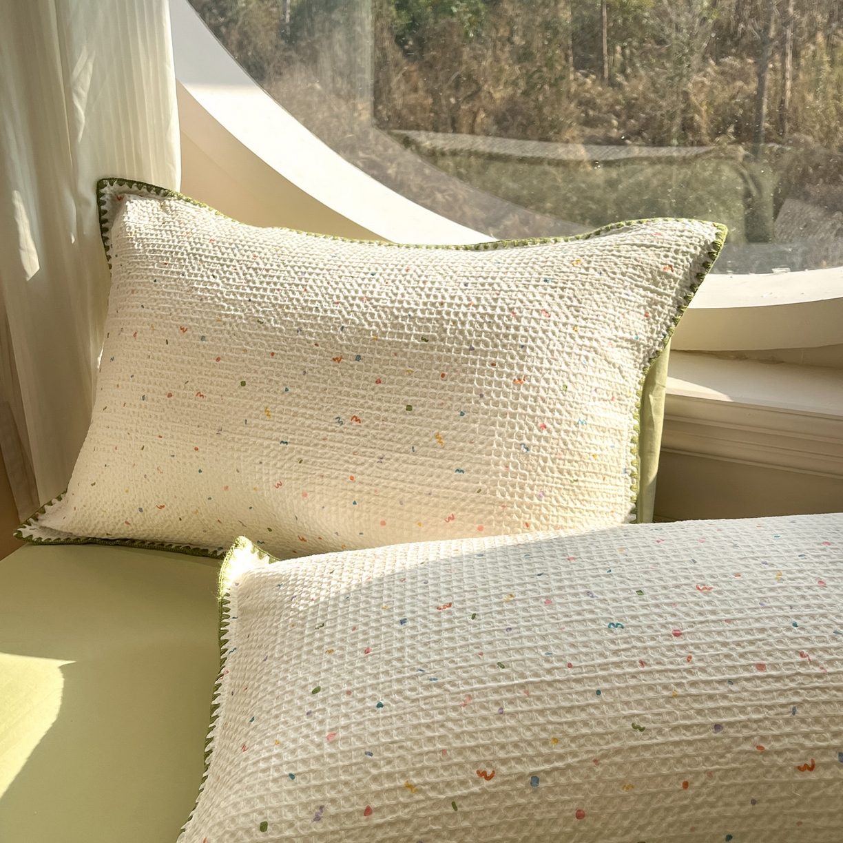 91家纺网 家纺一手货源 找家纺 如一 2026春夏新款全棉纯棉华夫格印花三角针工艺四件套 盛夏-绿