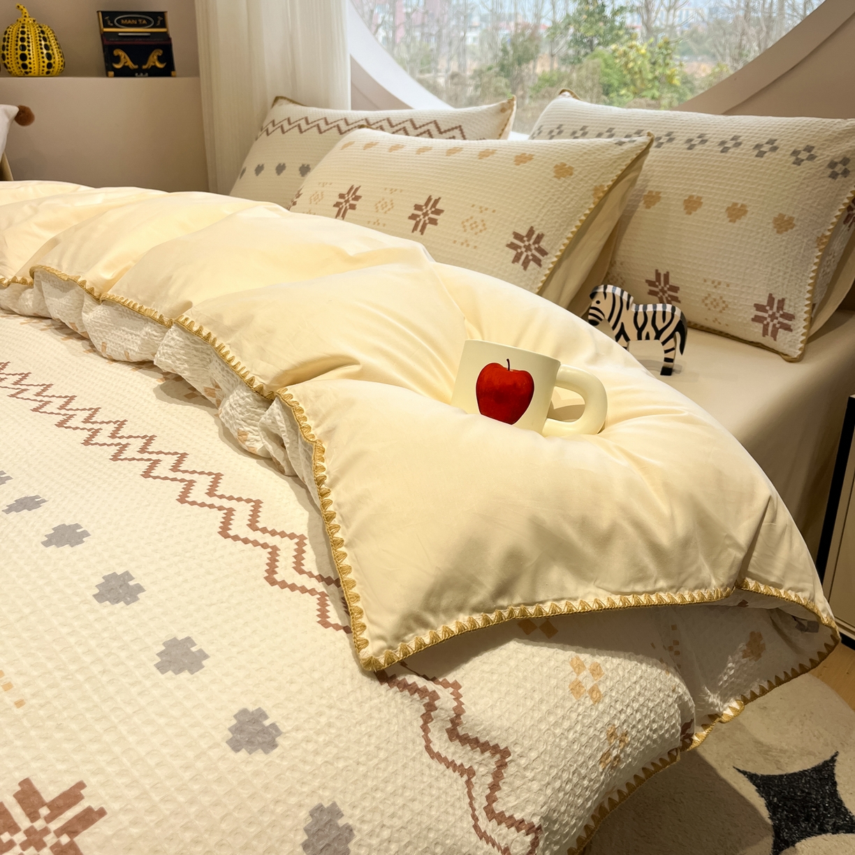 91家纺网 家纺一手货源 找家纺 如一 2026春夏新款全棉纯棉华夫格印花三角针工艺四件套 星芒-米