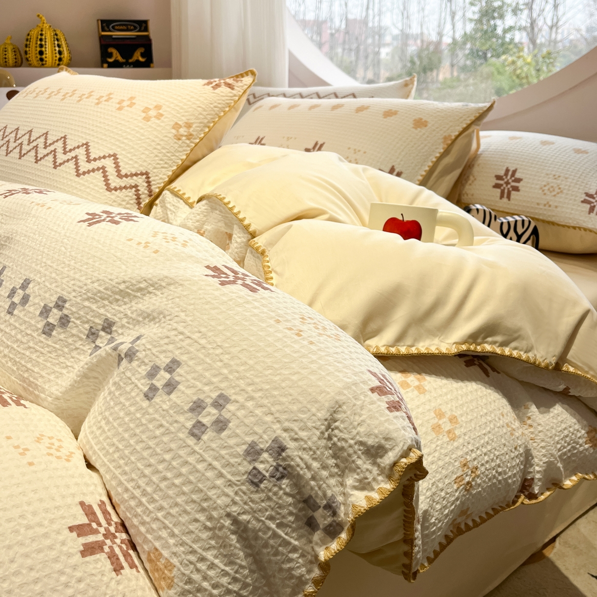 91家纺网 家纺一手货源 找家纺 如一 2026春夏新款全棉纯棉华夫格印花三角针工艺四件套 星芒-米