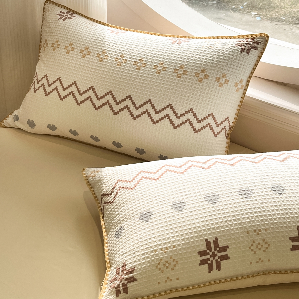 91家纺网 家纺一手货源 找家纺 如一 2026春夏新款全棉纯棉华夫格印花三角针工艺四件套 星芒-米