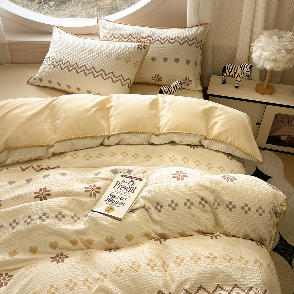 91家纺网 家纺一手货源 找家纺 如一 2026春夏新款全棉纯棉华夫格印花三角针工艺四件套 星芒-米