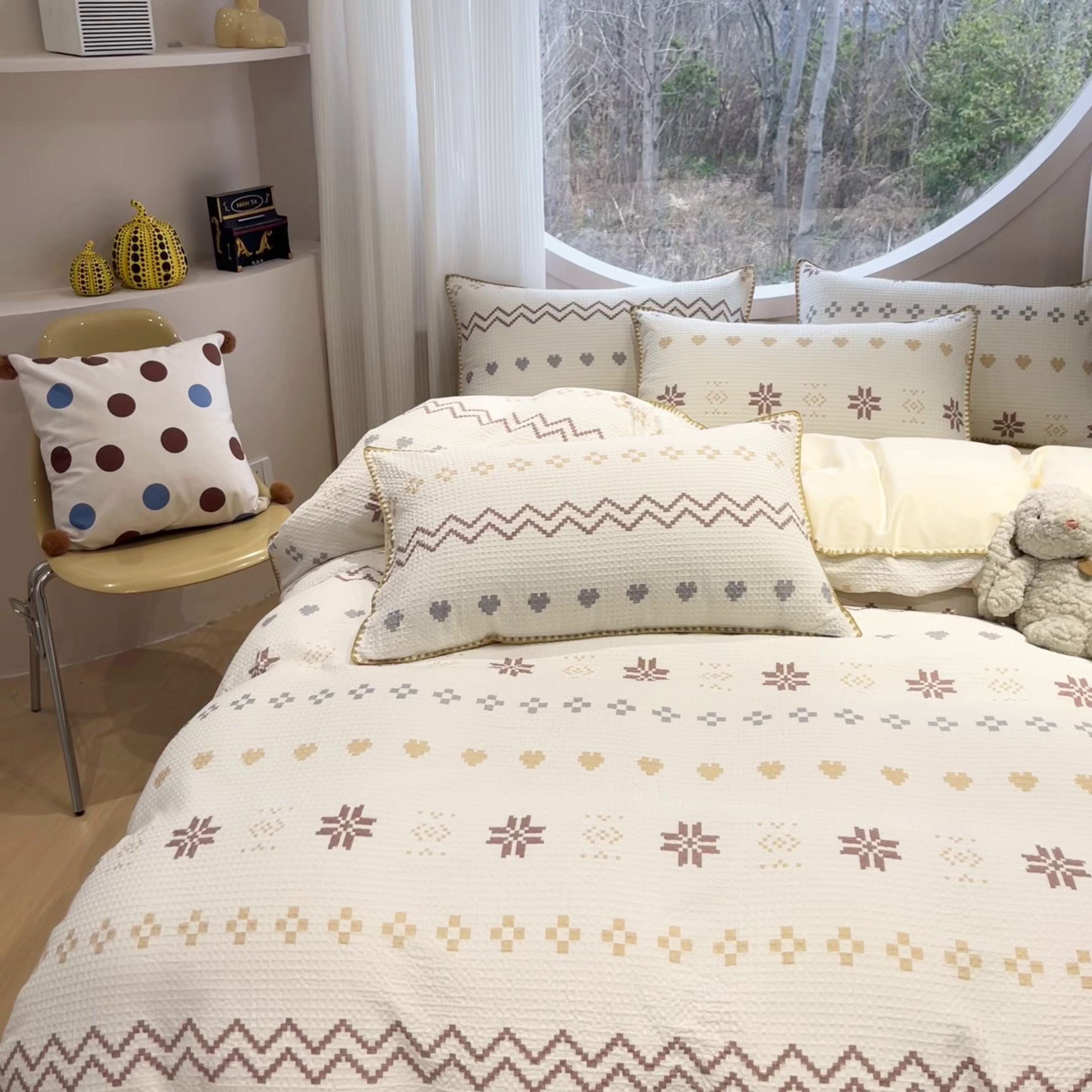 91家纺网 家纺一手货源 找家纺 如一 2026春夏新款全棉纯棉华夫格印花三角针工艺四件套 星芒-米