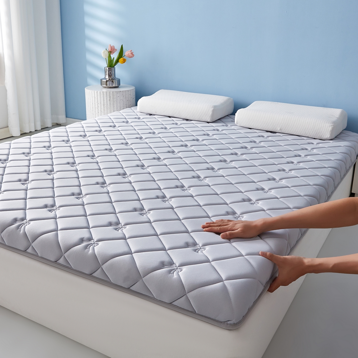 91家纺网 家纺一手货源 找家纺 优莱床垫 2026新款乳胶抗压棉立体床垫垫子 乳胶抗压棉蝴蝶结单边灰