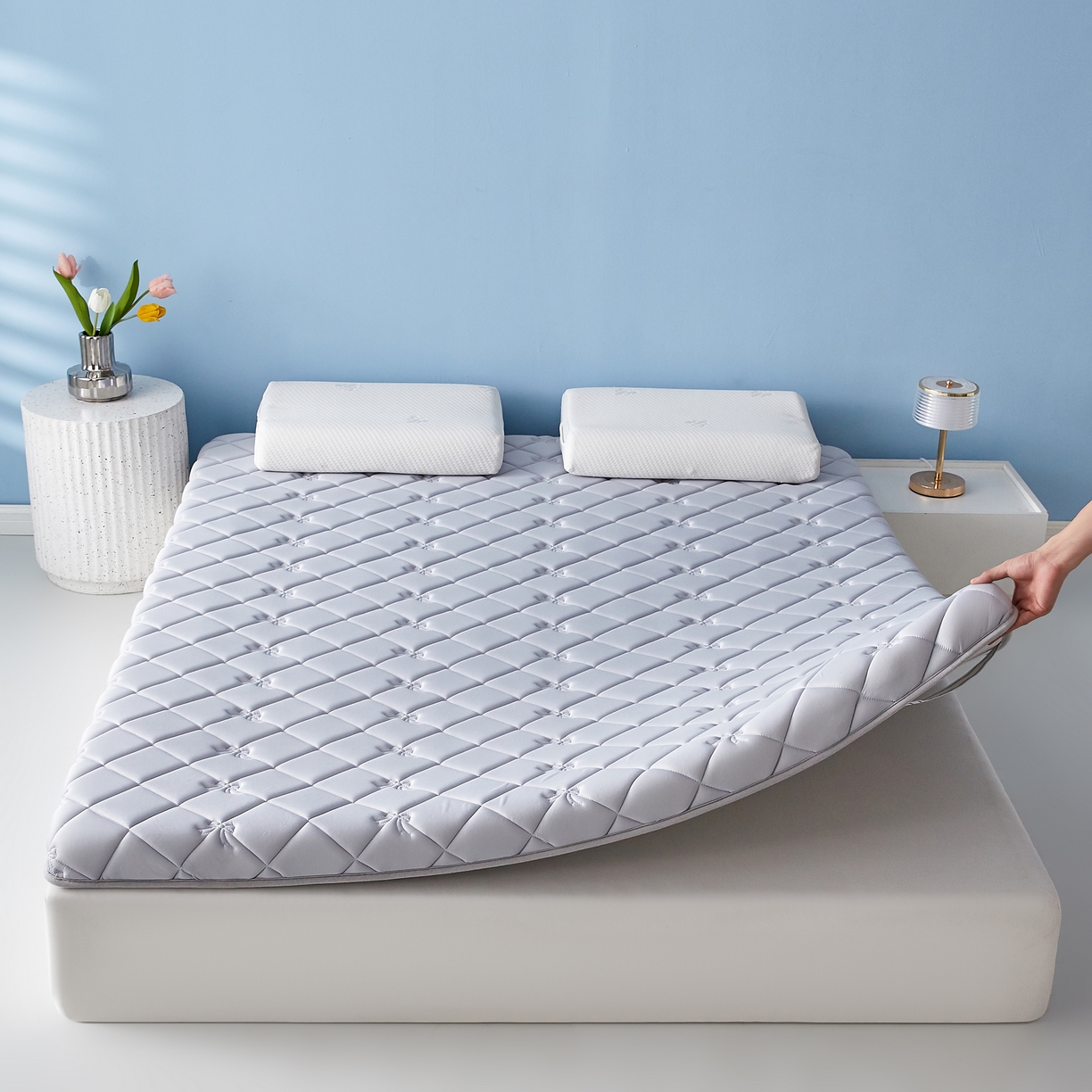 91家纺网 家纺一手货源 找家纺 优莱床垫 2026新款乳胶抗压棉立体床垫垫子 乳胶抗压棉蝴蝶结单边灰