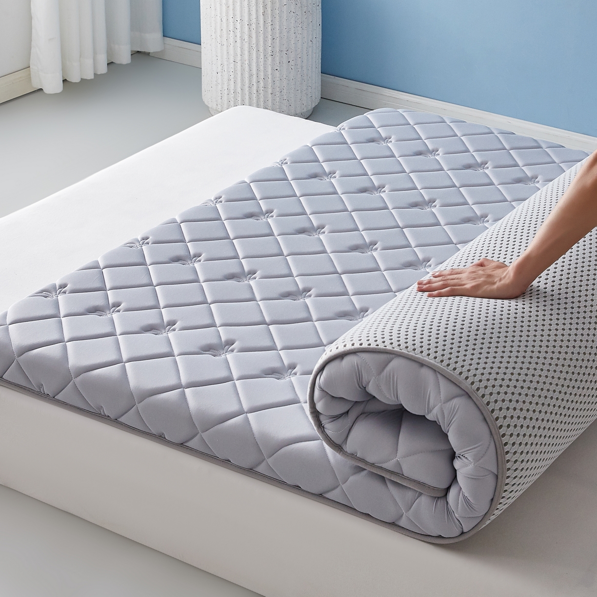 91家纺网 家纺一手货源 找家纺 优莱床垫 2026新款乳胶抗压棉立体床垫垫子 乳胶抗压棉蝴蝶结单边灰