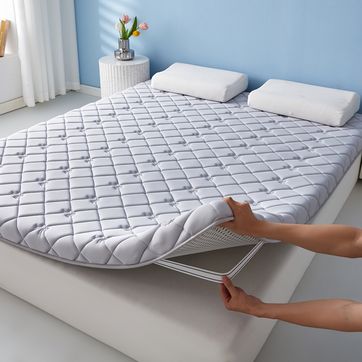 91家纺网 家纺一手货源 找家纺 优莱床垫 2026新款乳胶抗压棉立体床垫垫子 乳胶抗压棉蝴蝶结单边灰