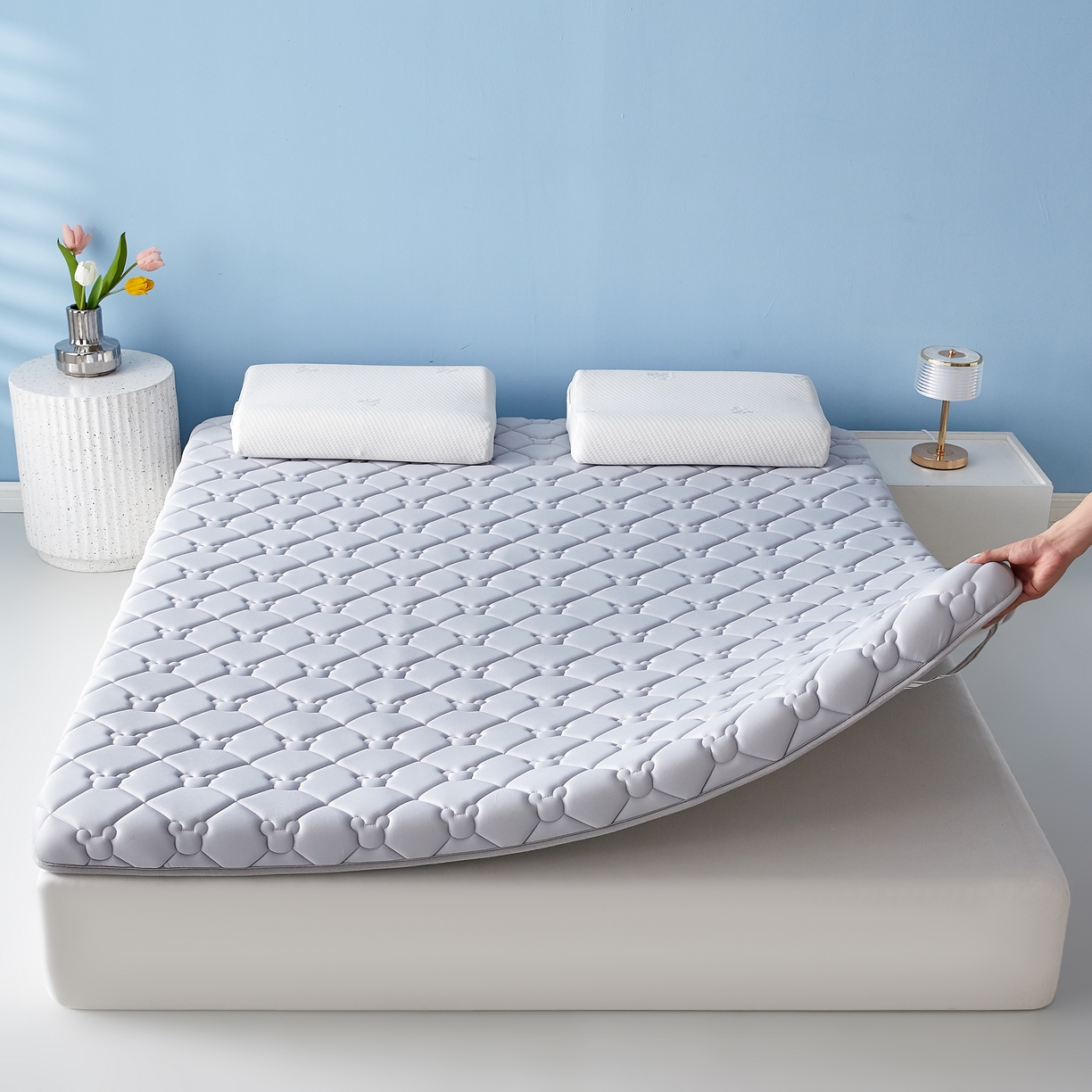 91家纺网 家纺一手货源 找家纺 优莱床垫 2026新款乳胶抗压棉立体床垫垫子 乳胶抗压棉小熊单边灰