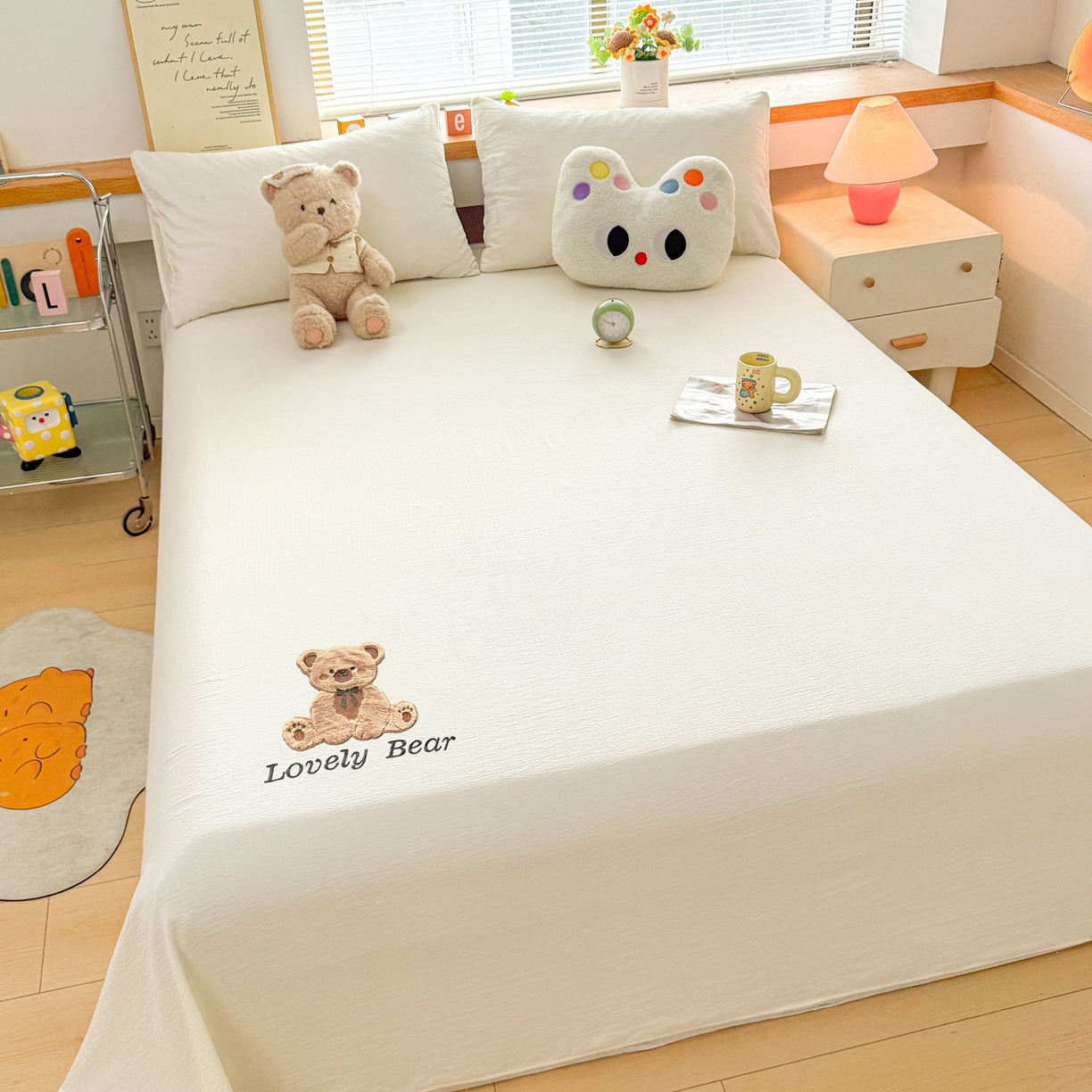 91家纺网 家纺一手货源 找家纺 （总）爱思凯家纺 2026新款皱皱纱卡通贴布绣-咖崽熊床单