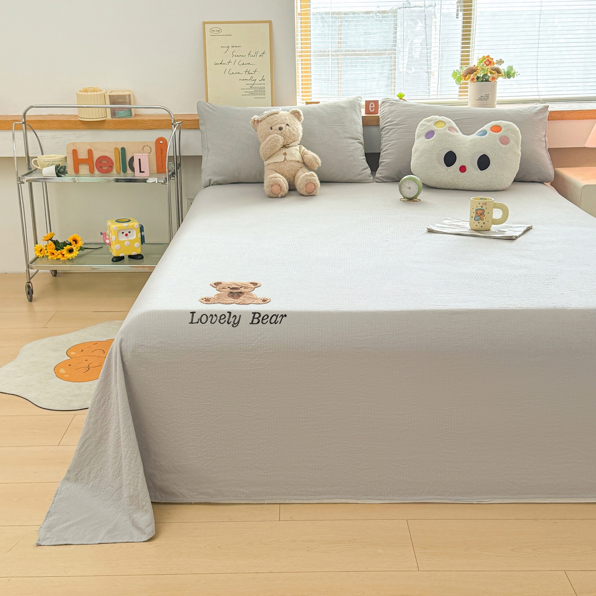 91家纺网 家纺一手货源 找家纺 （总）爱思凯家纺 2026新款皱皱纱卡通贴布绣-咖崽熊床单