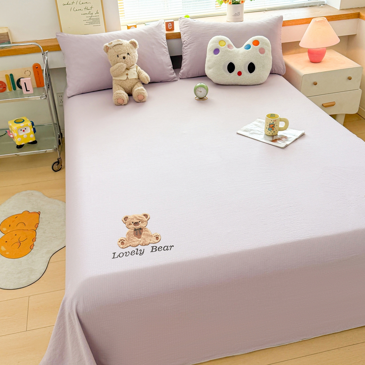 91家纺网 家纺一手货源 找家纺 （总）爱思凯家纺 2026新款皱皱纱卡通贴布绣-咖崽熊床单