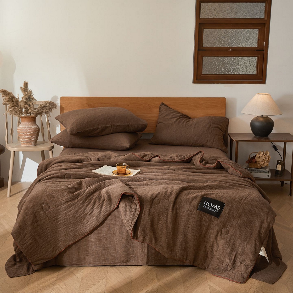 乐家毛巾被（工厂自产自销） 2026新款A类新疆长绒棉色织提花双层纱千鸟格系列夏被 咖色