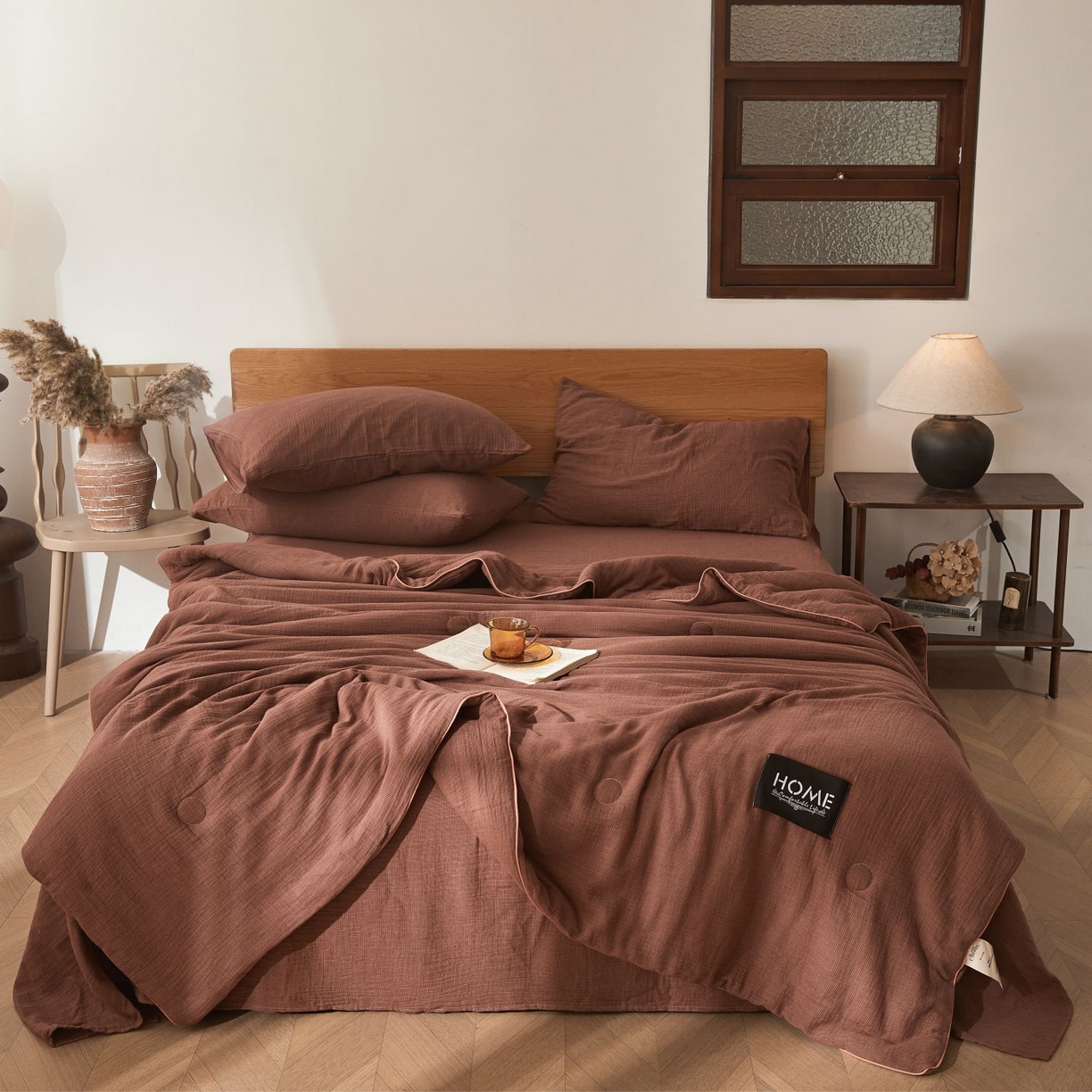 乐家毛巾被（工厂自产自销） 2026新款A类新疆长绒棉色织提花双层纱千鸟格系列夏被 棕红