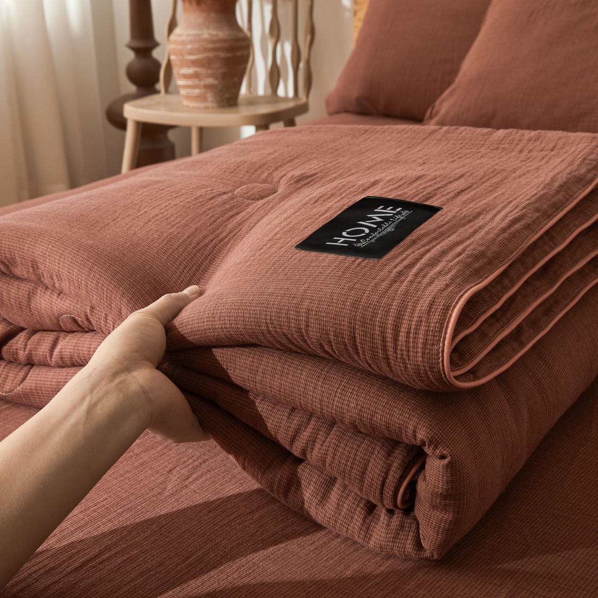 91家纺网 家纺一手货源 找家纺 乐家毛巾被（工厂自产自销） 2026新款A类新疆长绒棉色织提花双层纱千鸟格系列夏被 棕红