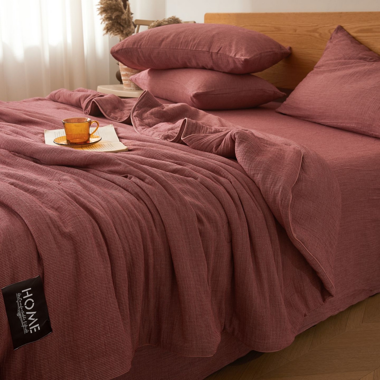 91家纺网 家纺一手货源 找家纺 乐家毛巾被（工厂自产自销） 2026新款A类新疆长绒棉色织提花双层纱千鸟格系列夏被 玫红