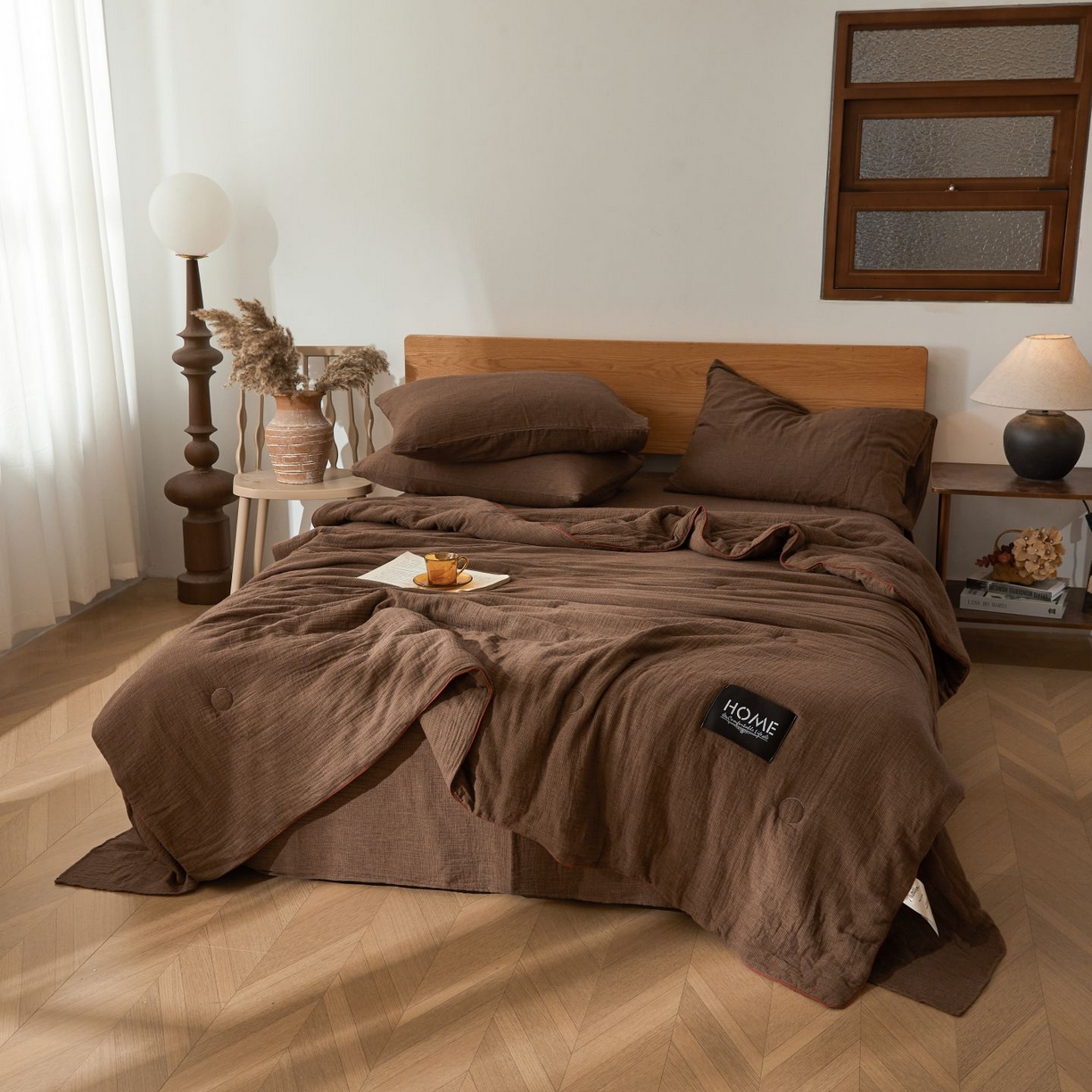 91家纺网 家纺一手货源 找家纺 乐家毛巾被（工厂自产自销） 2026新款A类新疆长绒棉色织提花双层纱千鸟格系列夏被 咖色