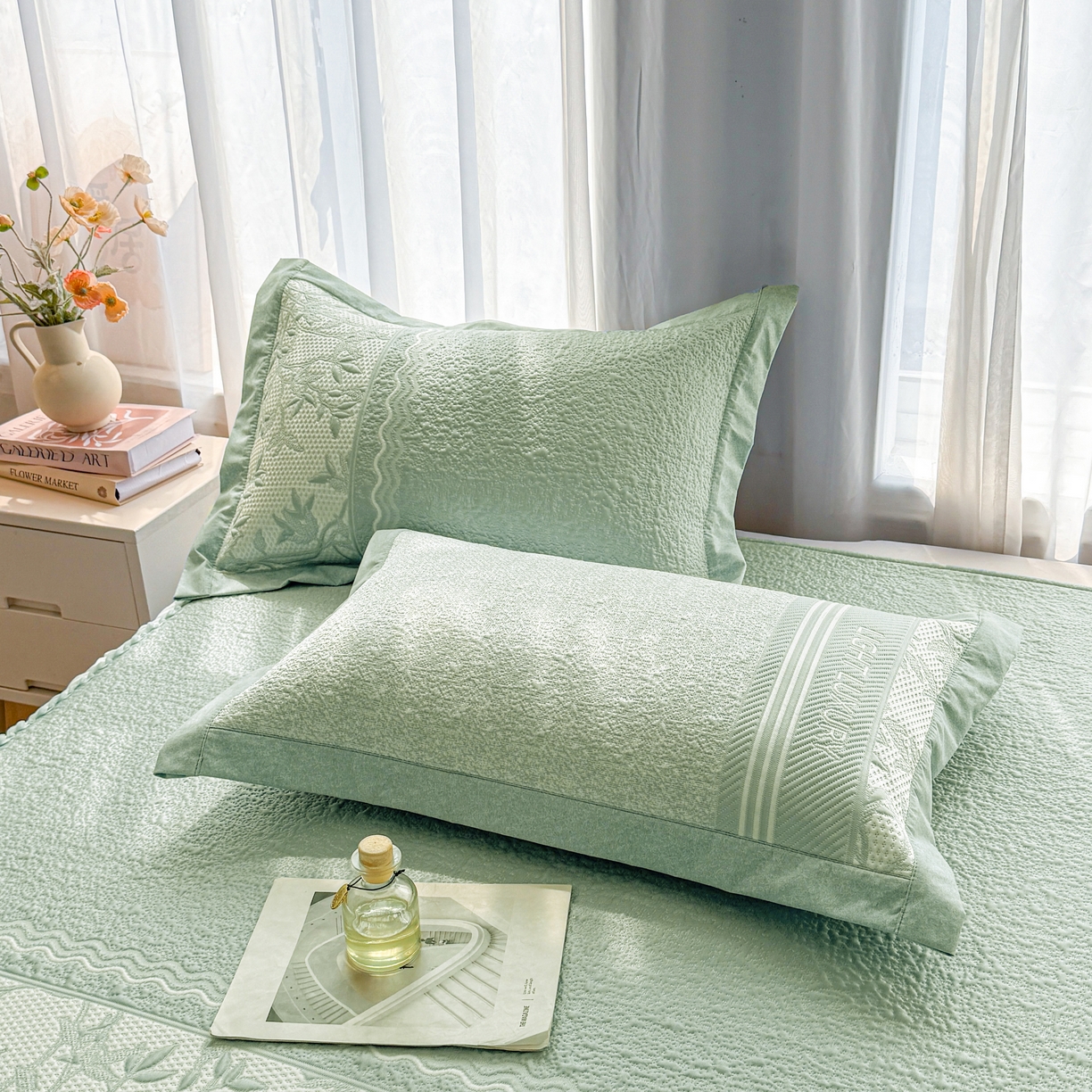 91家纺网 家纺一手货源 找家纺 席都凉席工厂店 2026年轻奢高克重豆豆凉席夏季凉感冰丝提花床裙款三件套-奢序 奢序-浅绿